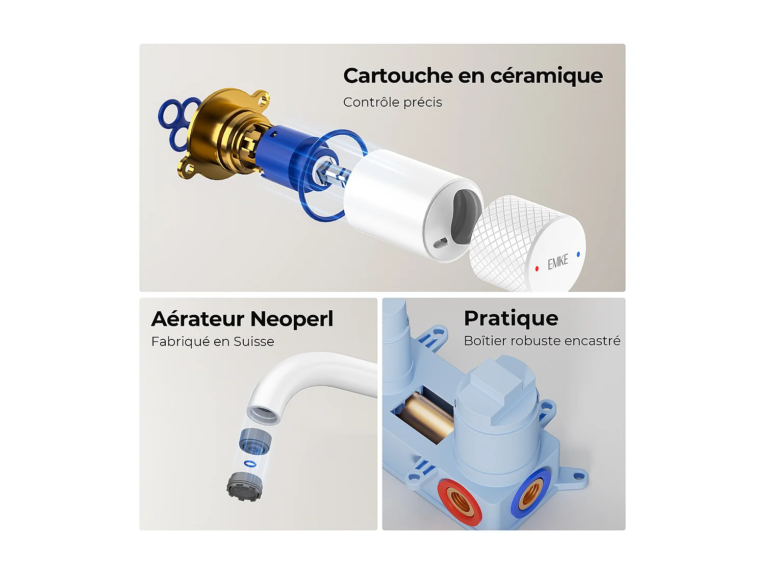 EMKE Mitigeur de lavabo mural encastrable bi-trou blanc mat laiton cartouche céramique L.18 cm