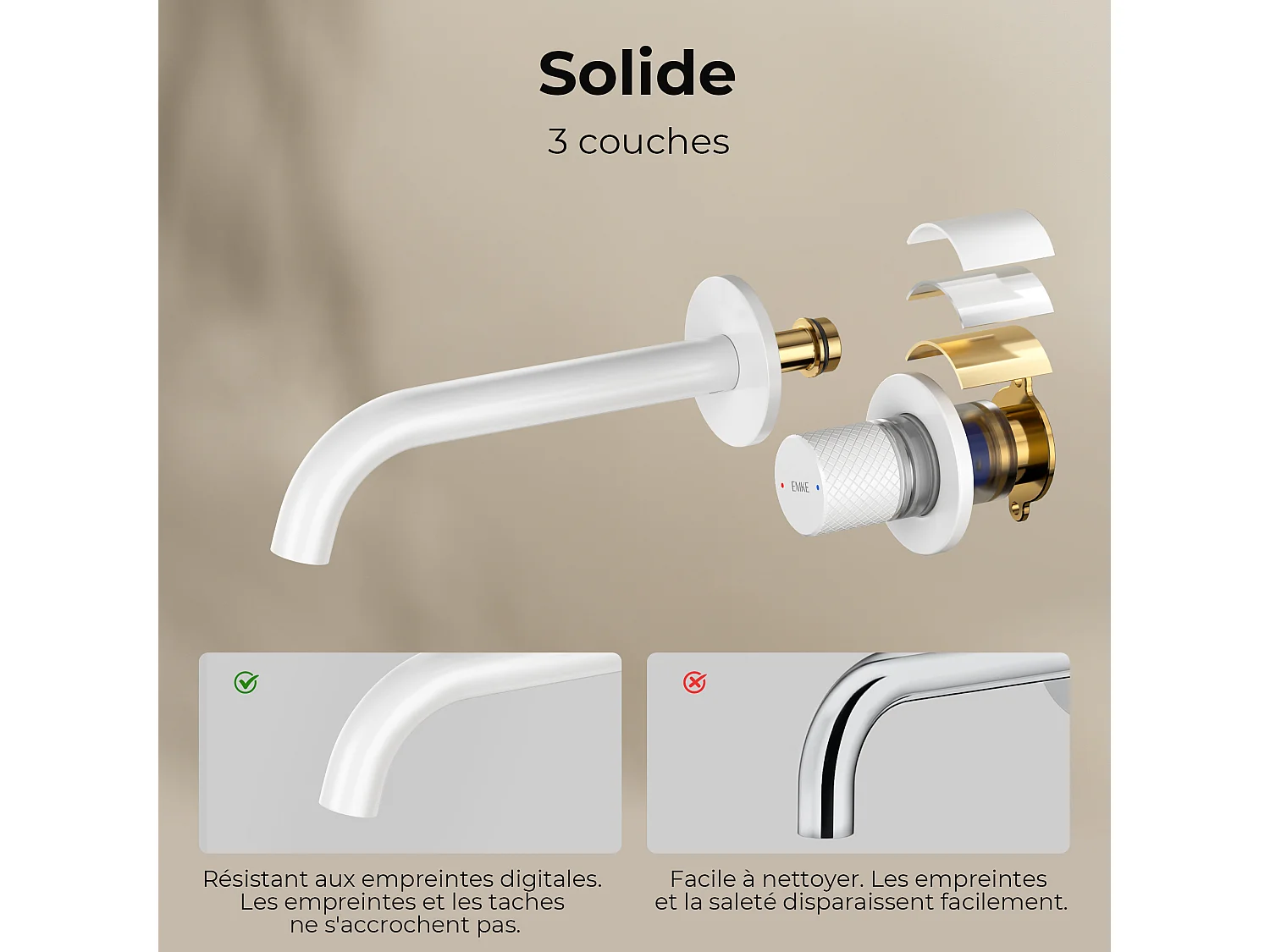 EMKE Mitigeur de lavabo mural encastrable bi-trou blanc mat laiton cartouche céramique L.18 cm