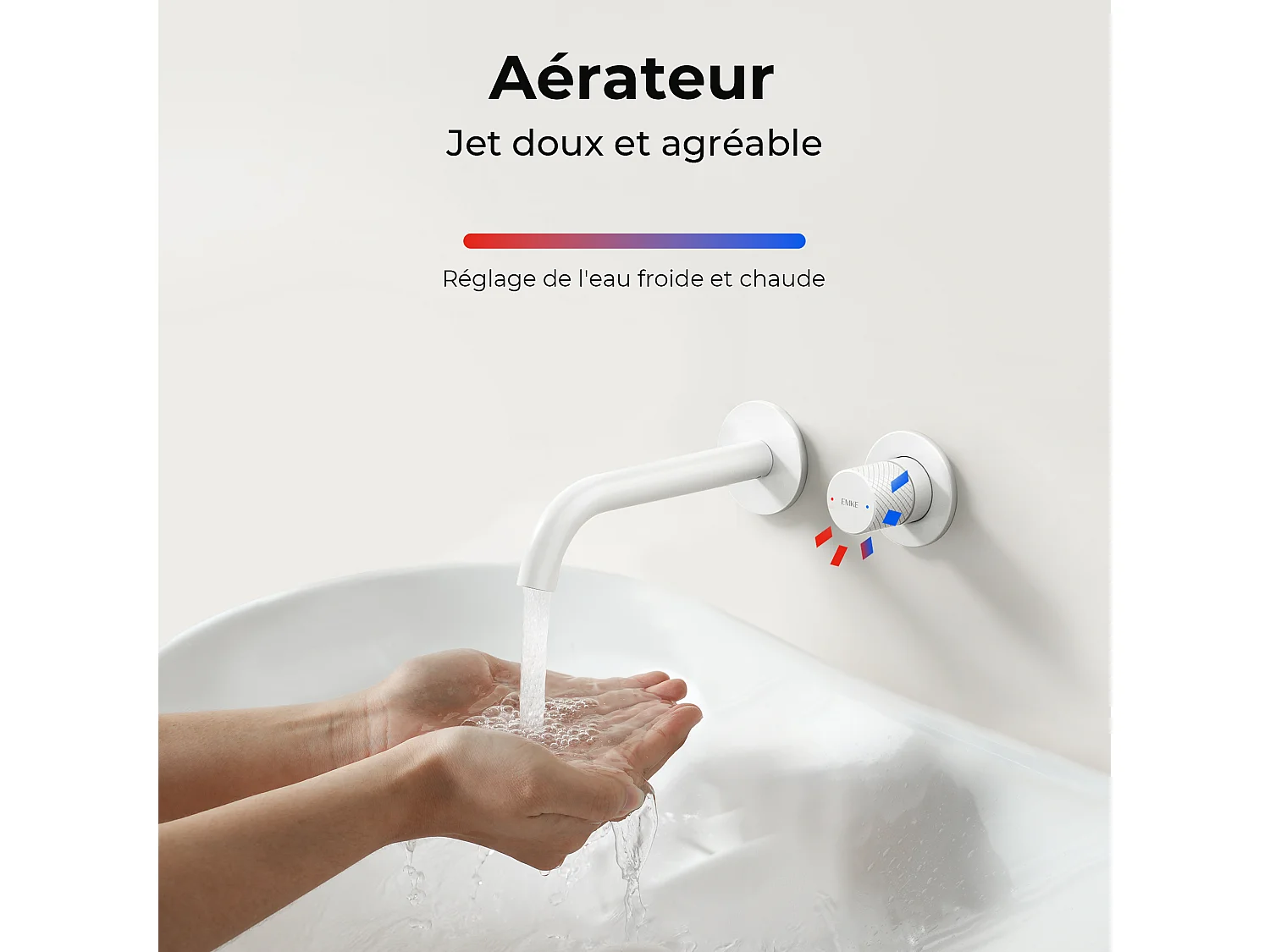 EMKE Mitigeur de lavabo mural encastrable bi-trou blanc mat laiton cartouche céramique L.18 cm