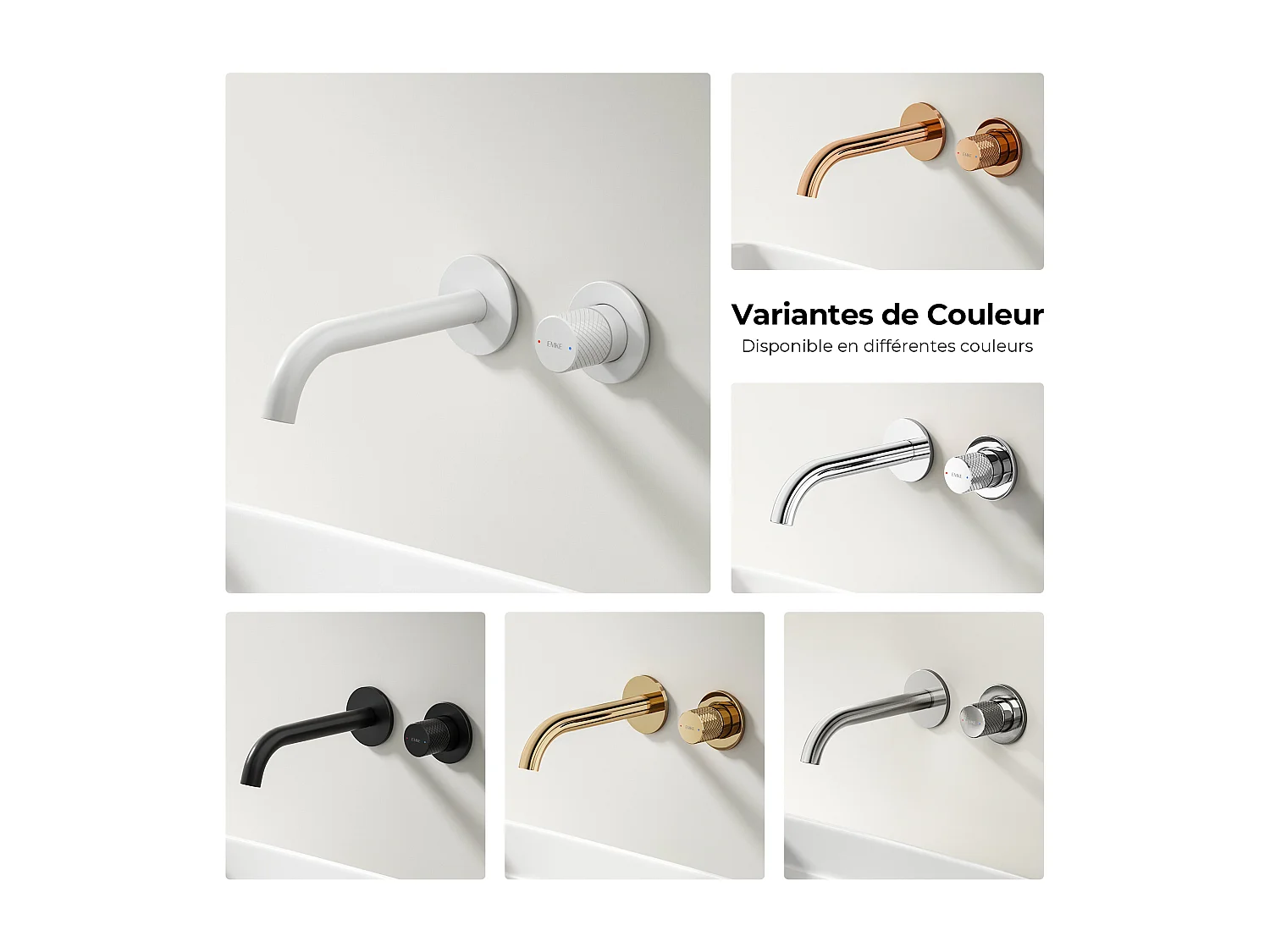 EMKE Mitigeur de lavabo mural encastrable bi-trou blanc mat laiton cartouche céramique L.18 cm