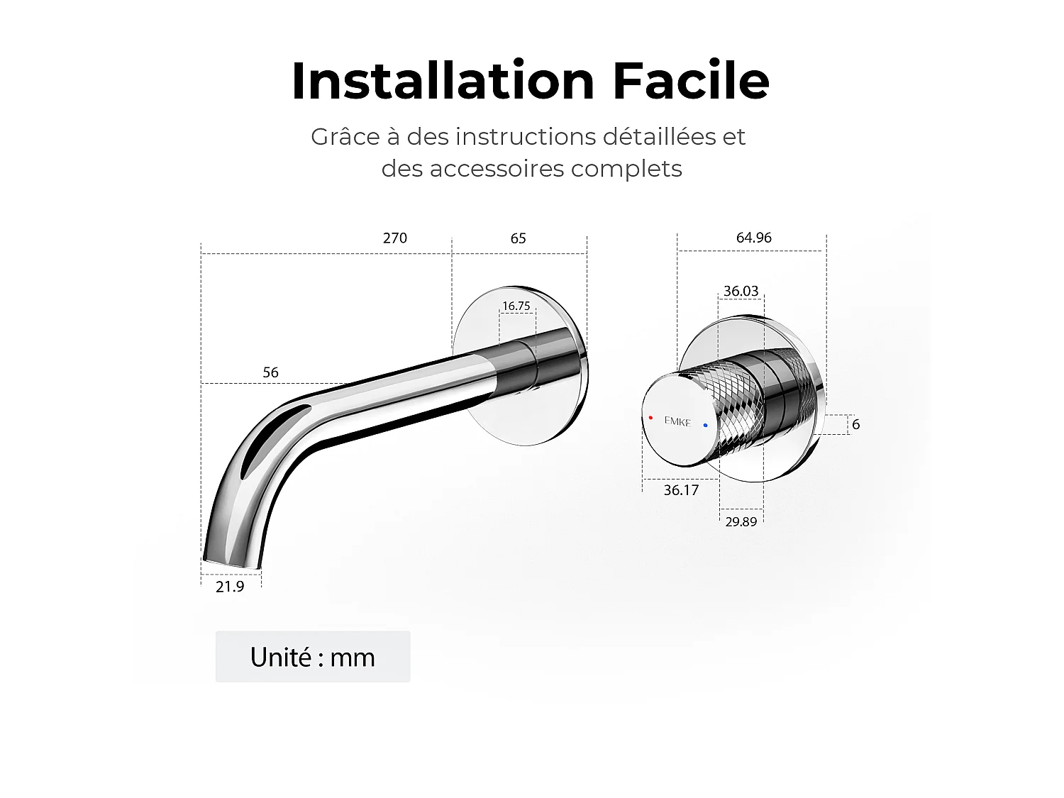 EMKE Mitigeur de lavabo mural encastrable bi-trou chromé laiton cartouche céramique L.18 cm