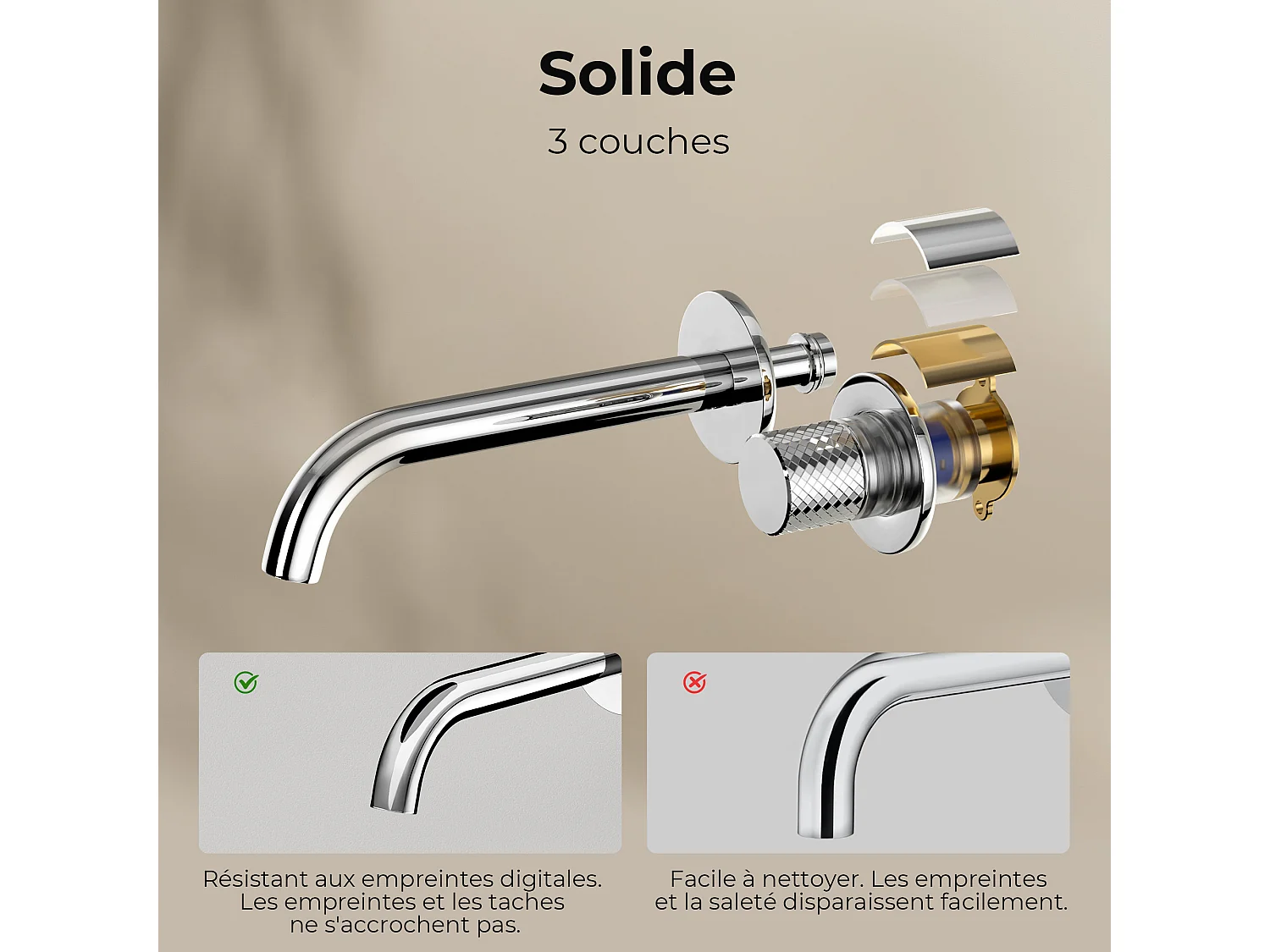 EMKE Mitigeur de lavabo mural encastrable bi-trou chromé laiton cartouche céramique L.18 cm