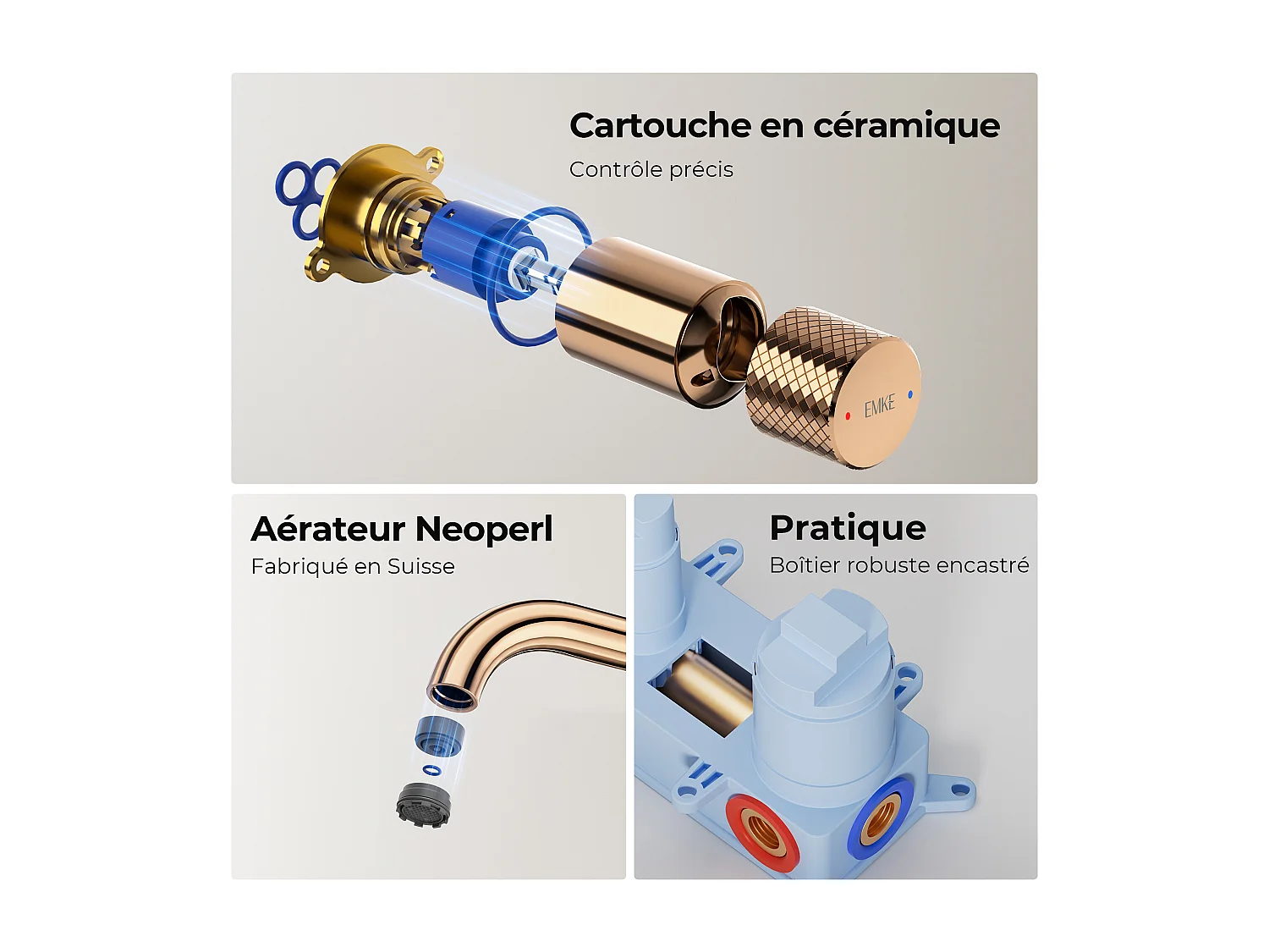 EMKE inbouw wastafelkraan 2-gats wandkraan mengkraan messing keramisch binnenwerk roségoud L.18 cm