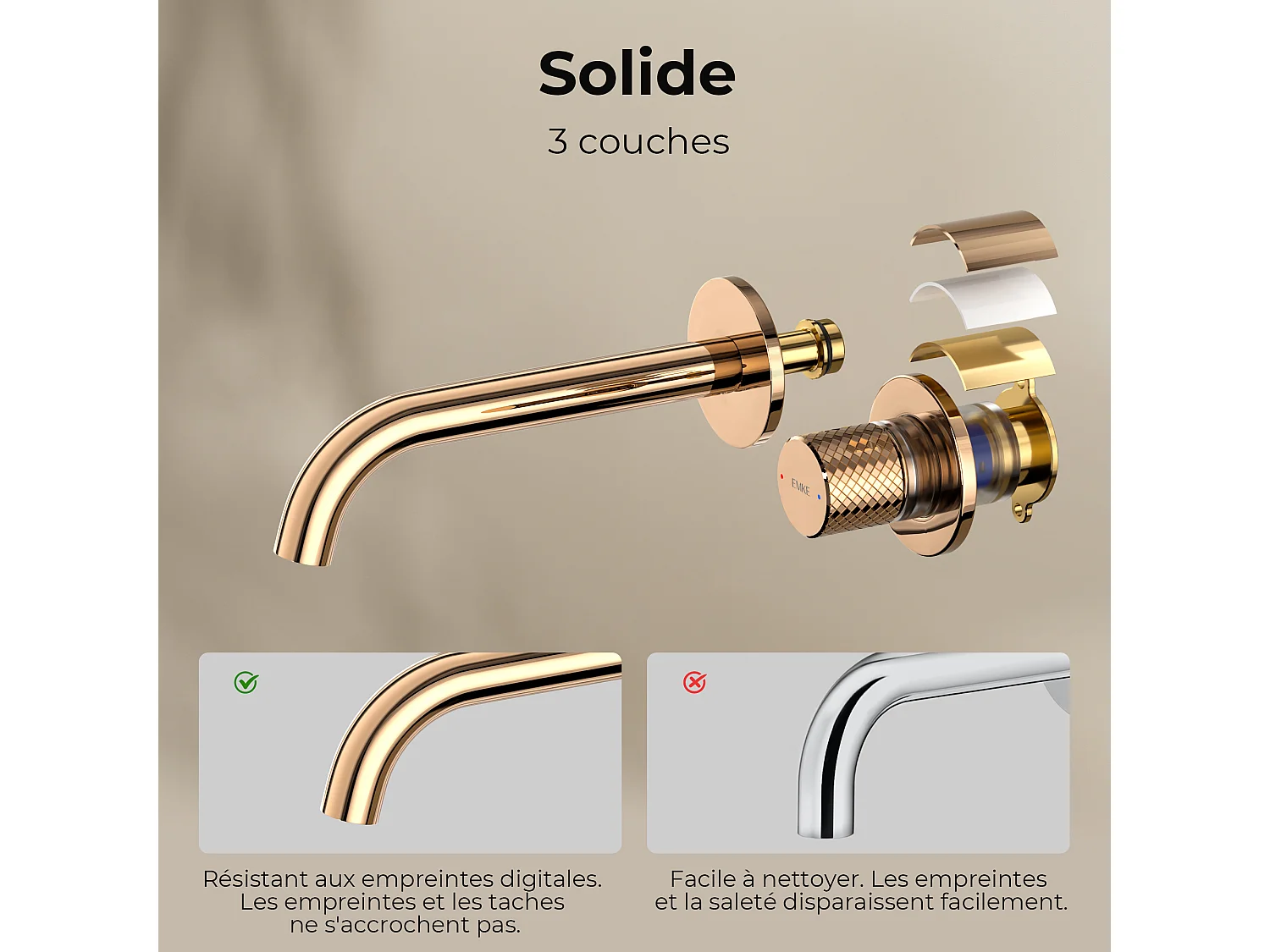 EMKE inbouw wastafelkraan 2-gats wandkraan mengkraan messing keramisch binnenwerk roségoud L.18 cm