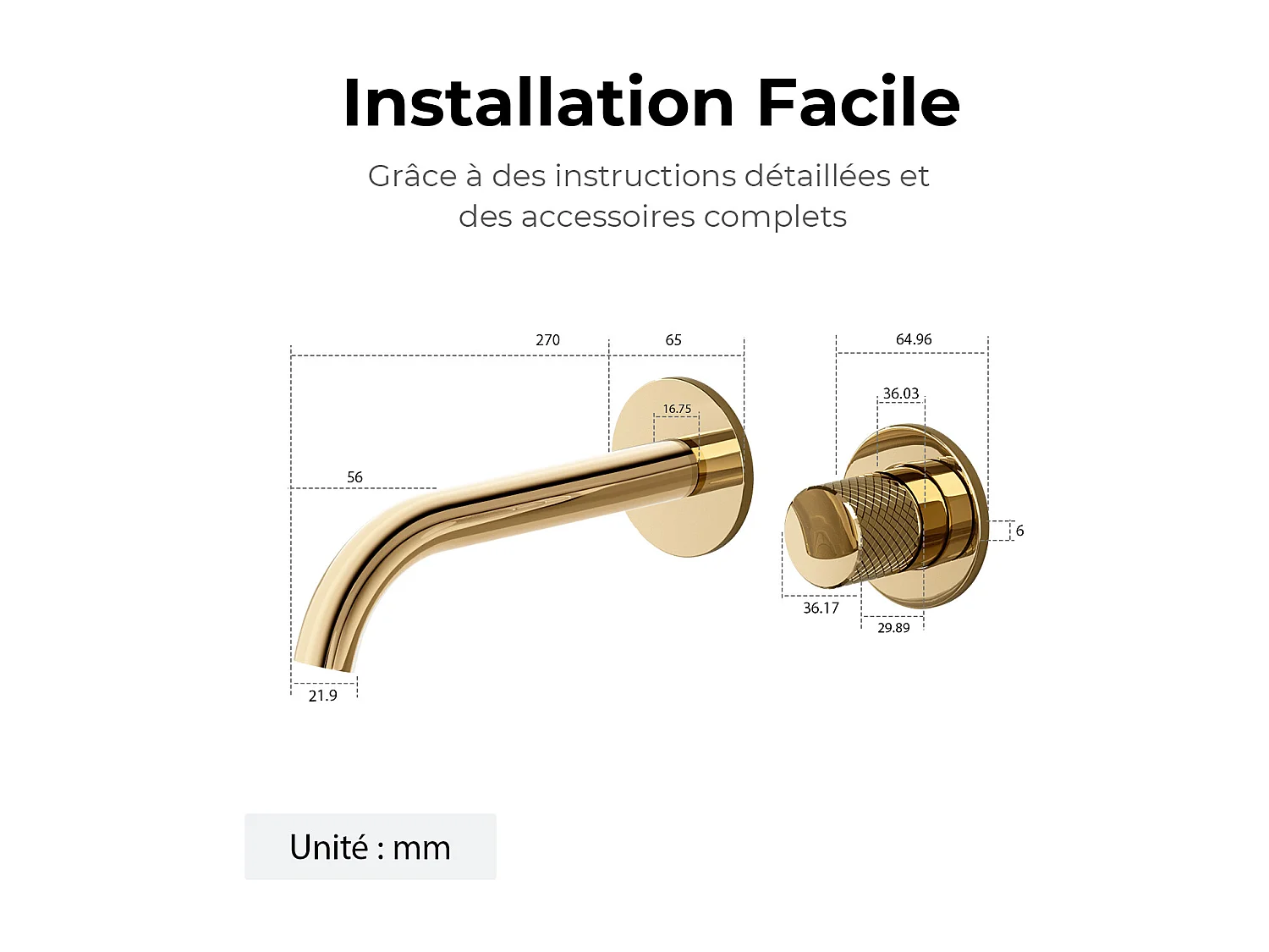 EMKE Mitigeur de lavabo mural encastrable bi-trou or champagne laiton cartouche céramique L.18 cm