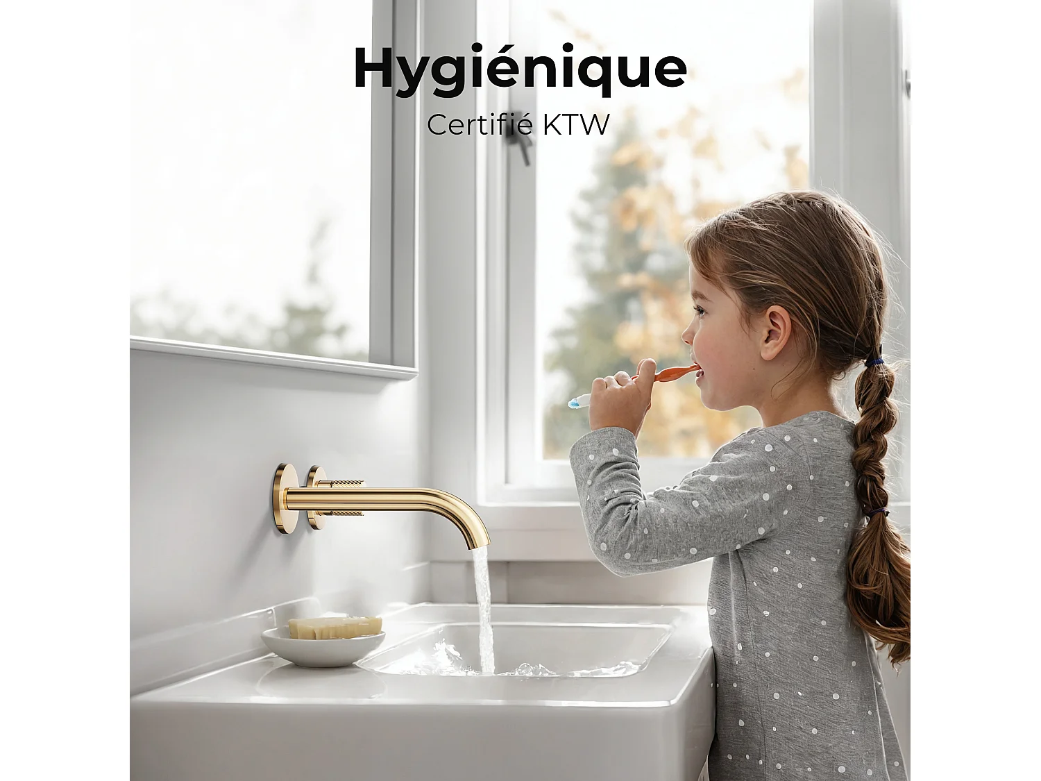 EMKE Mitigeur de lavabo mural encastrable bi-trou or champagne laiton cartouche céramique L.18 cm