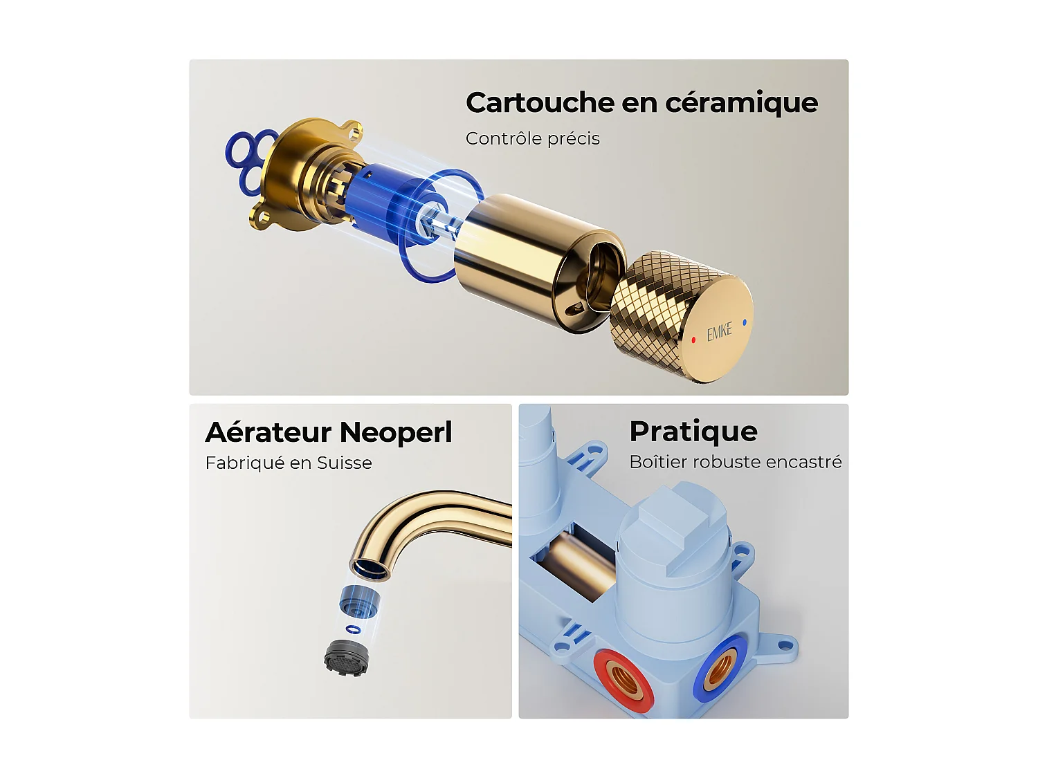 EMKE Mitigeur de lavabo mural encastrable bi-trou or champagne laiton cartouche céramique L.18 cm