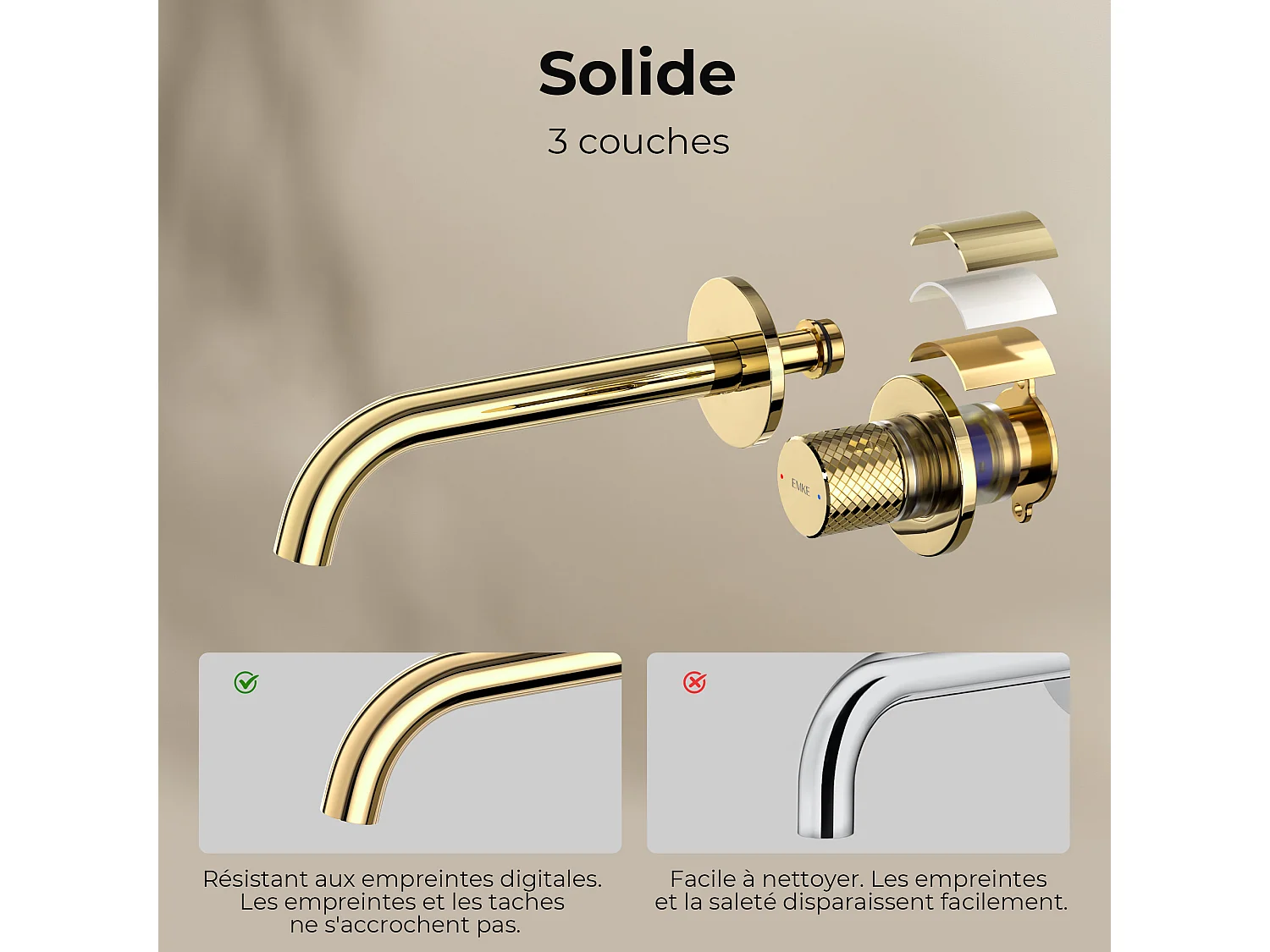 EMKE Mitigeur de lavabo mural encastrable bi-trou or champagne laiton cartouche céramique L.18 cm