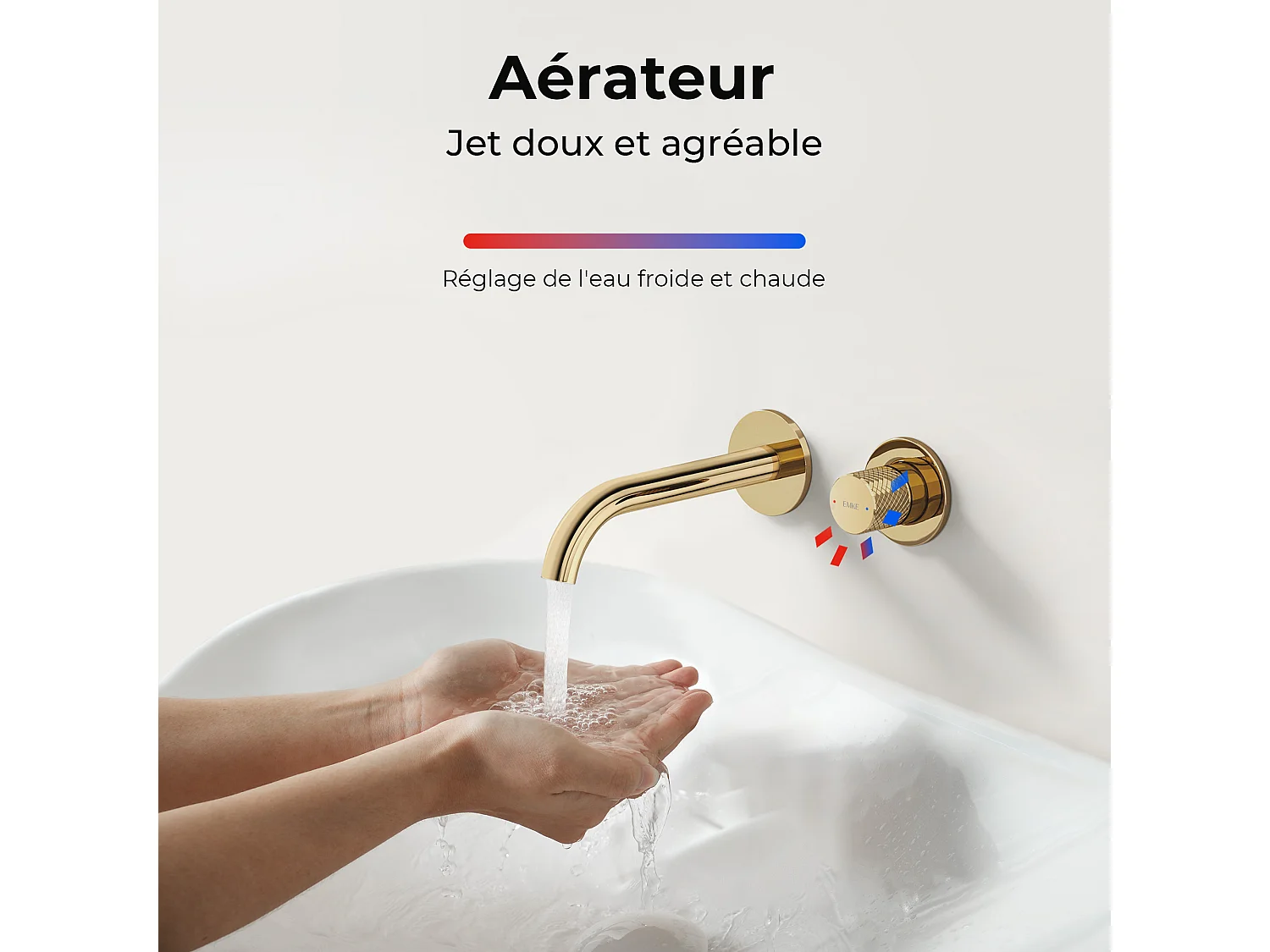 EMKE Mitigeur de lavabo mural encastrable bi-trou or champagne laiton cartouche céramique L.18 cm