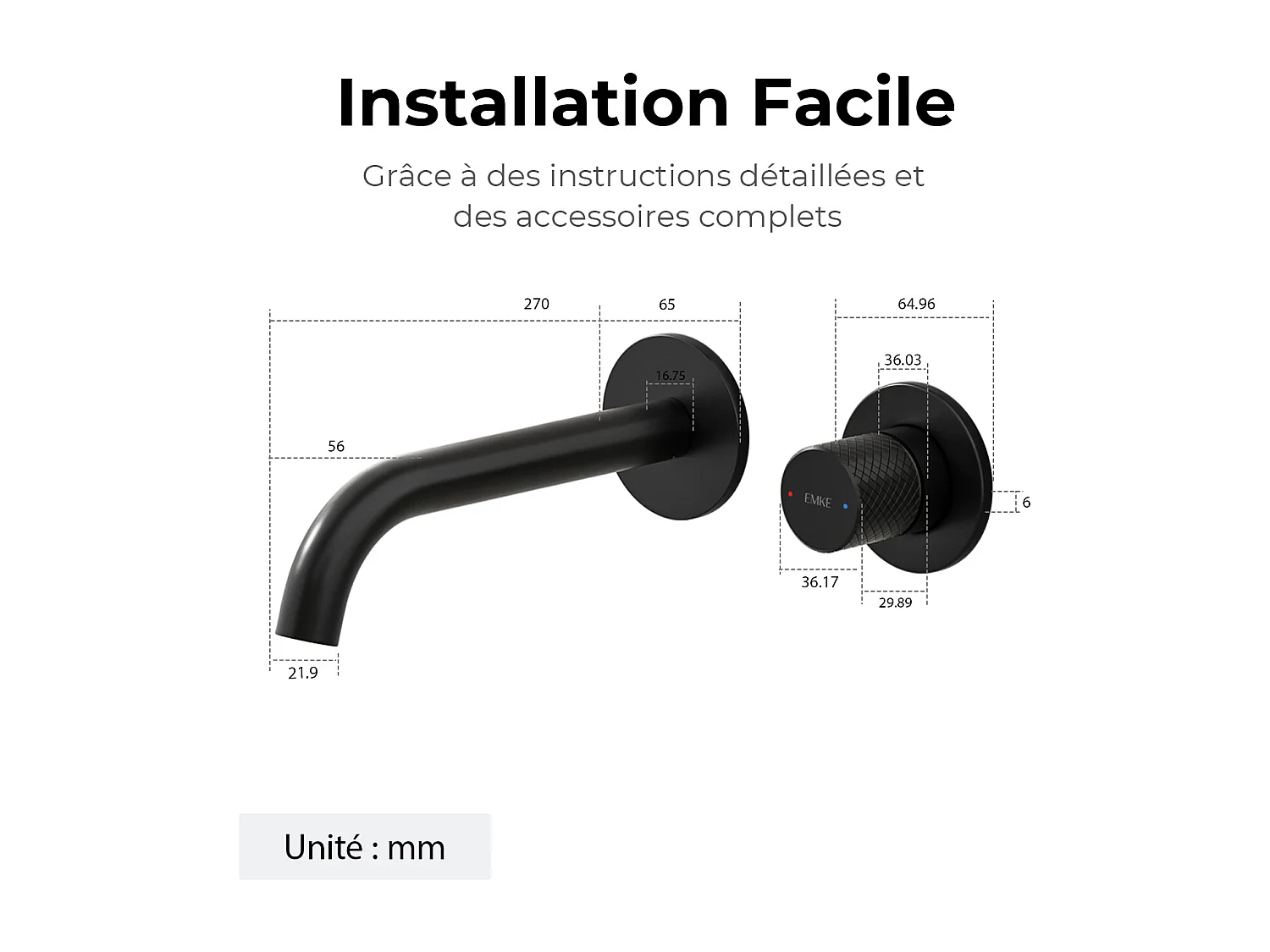 EMKE Mitigeur de lavabo mural encastrable bi-trou noir mat laiton cartouche céramique L.18 cm