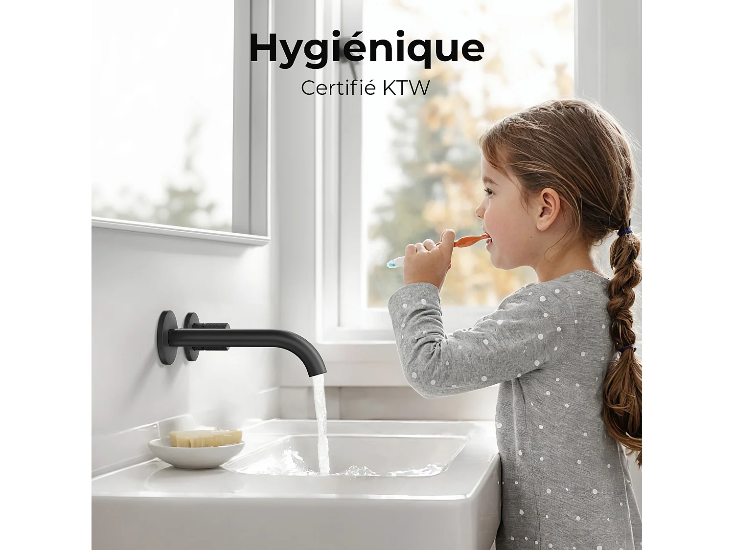 EMKE Mitigeur de lavabo mural encastrable bi-trou noir mat laiton cartouche céramique L.18 cm