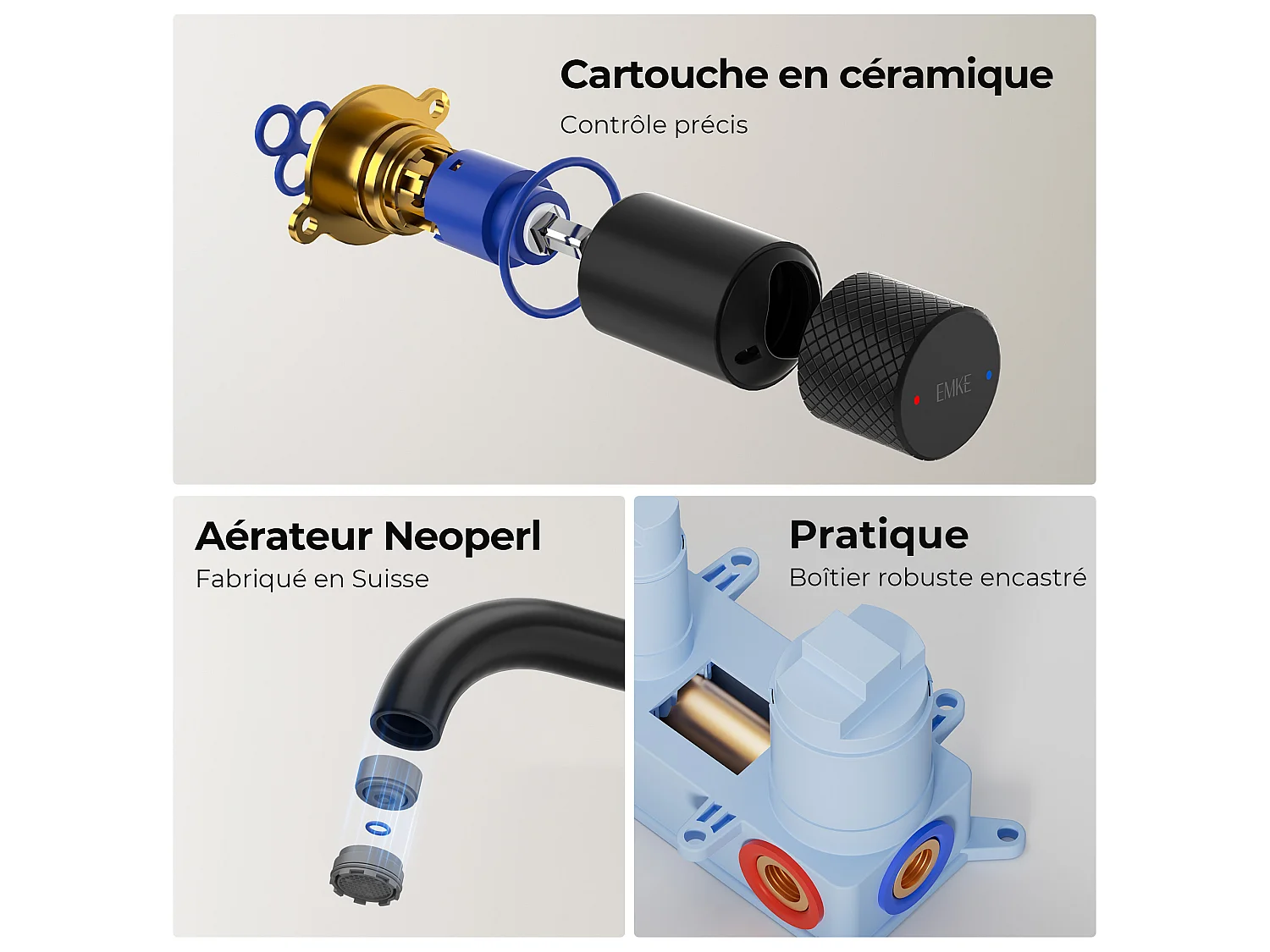 EMKE Mitigeur de lavabo mural encastrable bi-trou noir mat laiton cartouche céramique L.18 cm