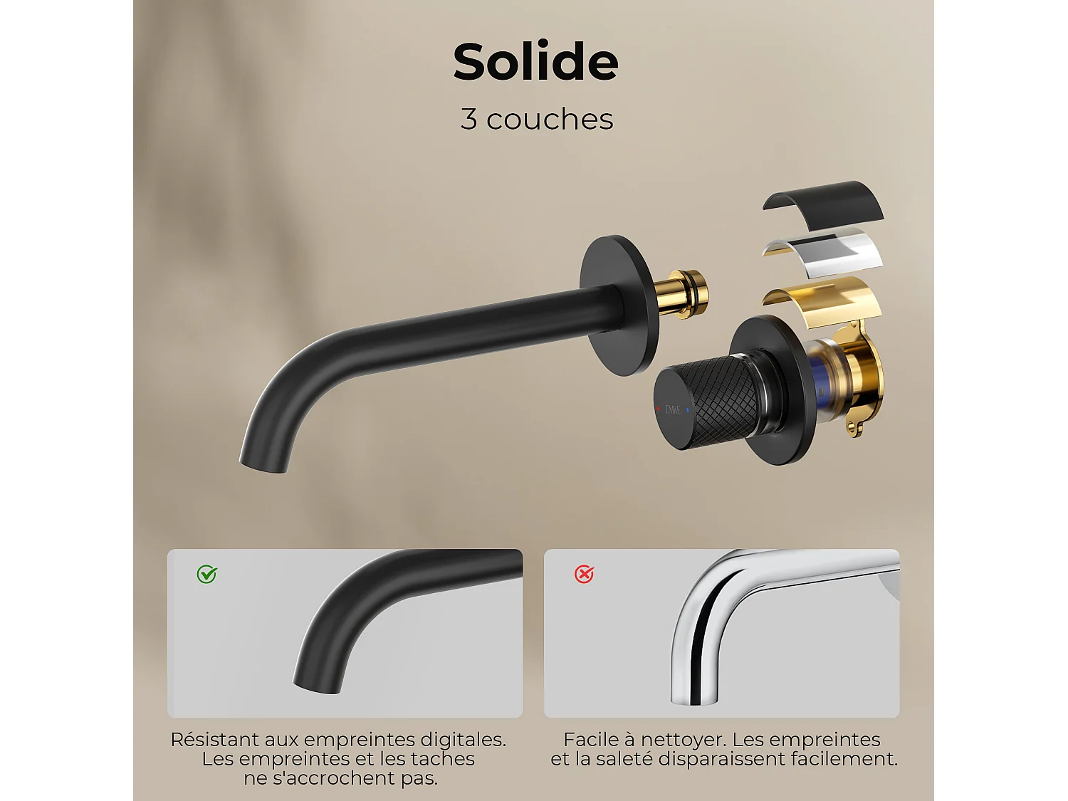 EMKE Mitigeur de lavabo mural encastrable bi-trou noir mat laiton cartouche céramique L.18 cm