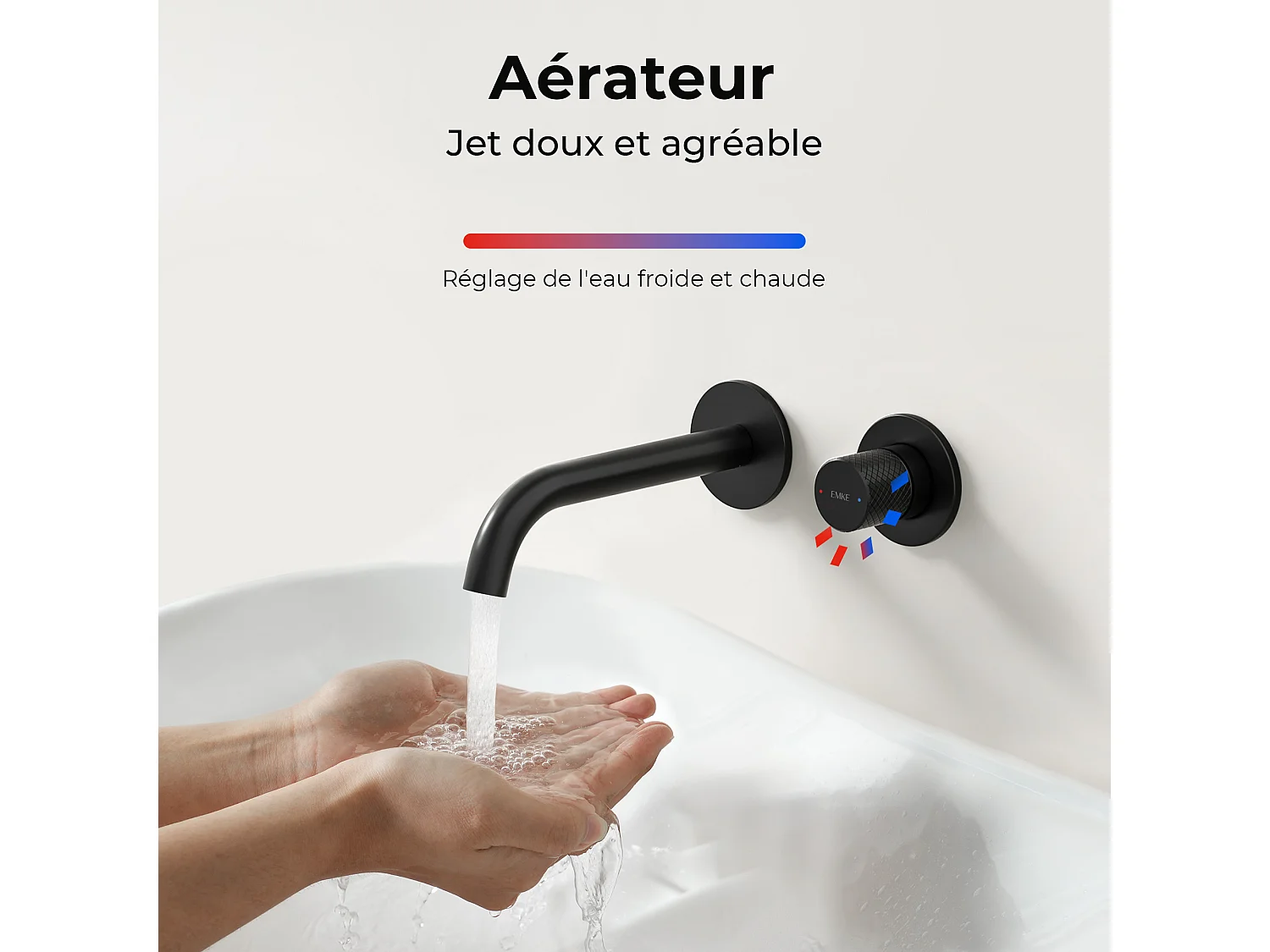 EMKE Mitigeur de lavabo mural encastrable bi-trou noir mat laiton cartouche céramique L.18 cm