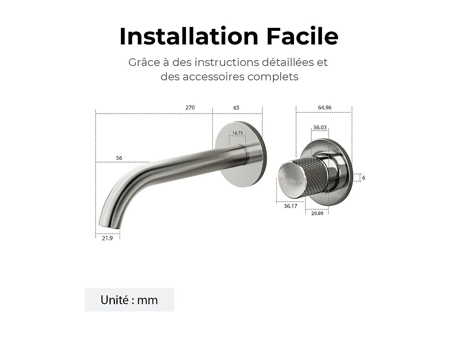 EMKE Mitigeur de lavabo mural encastrable bi-trou anthracite laiton cartouche céramique L.18 cm