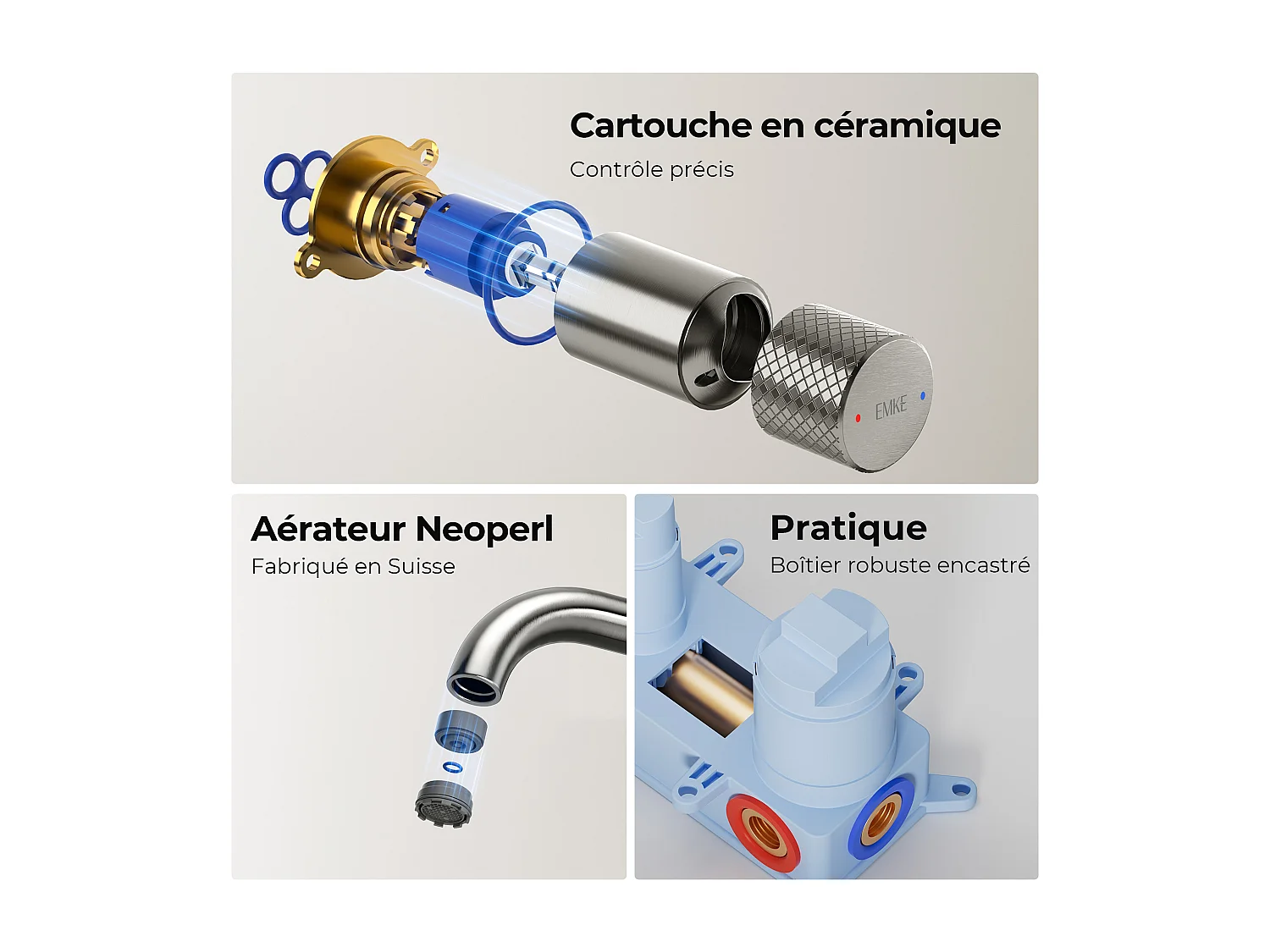 EMKE Mitigeur de lavabo mural encastrable bi-trou anthracite laiton cartouche céramique L.18 cm