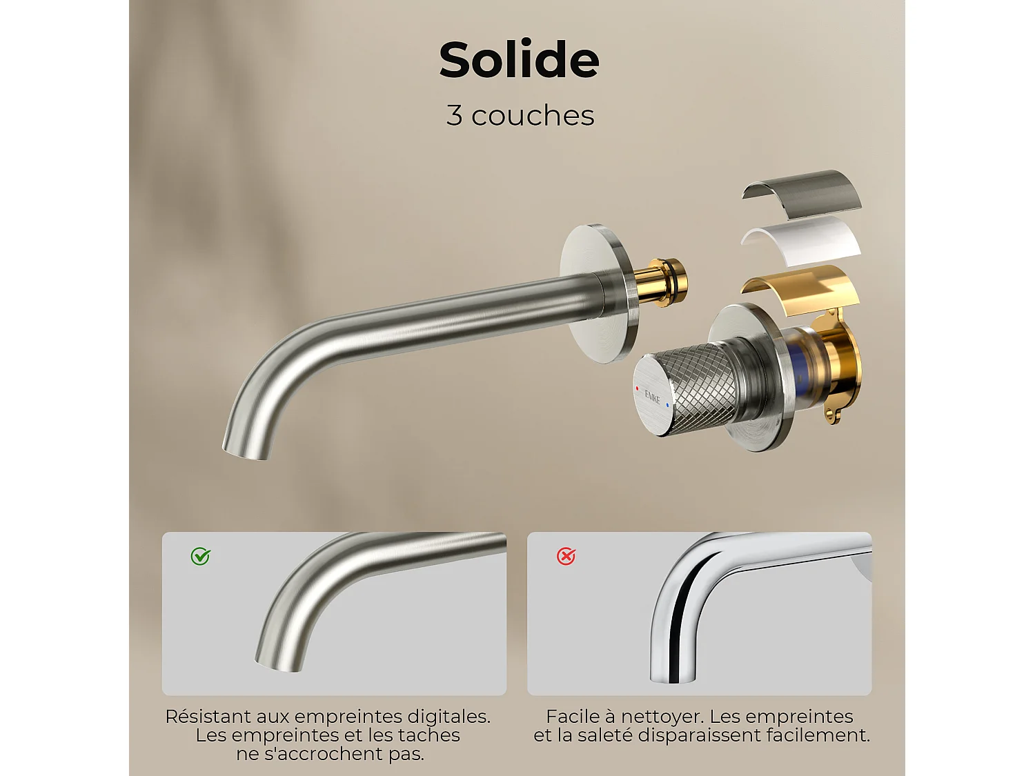 EMKE Mitigeur de lavabo mural encastrable bi-trou anthracite laiton cartouche céramique L.18 cm