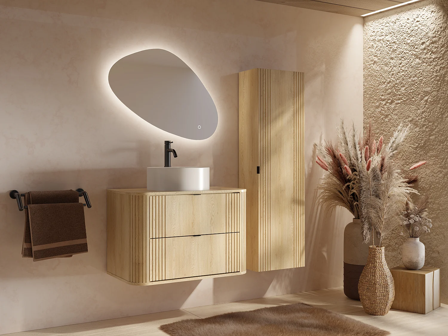 Meuble de salle de bain suspendu avec vasque à poser ronde et colonne - Naturel clair - 80 cm - FILOR