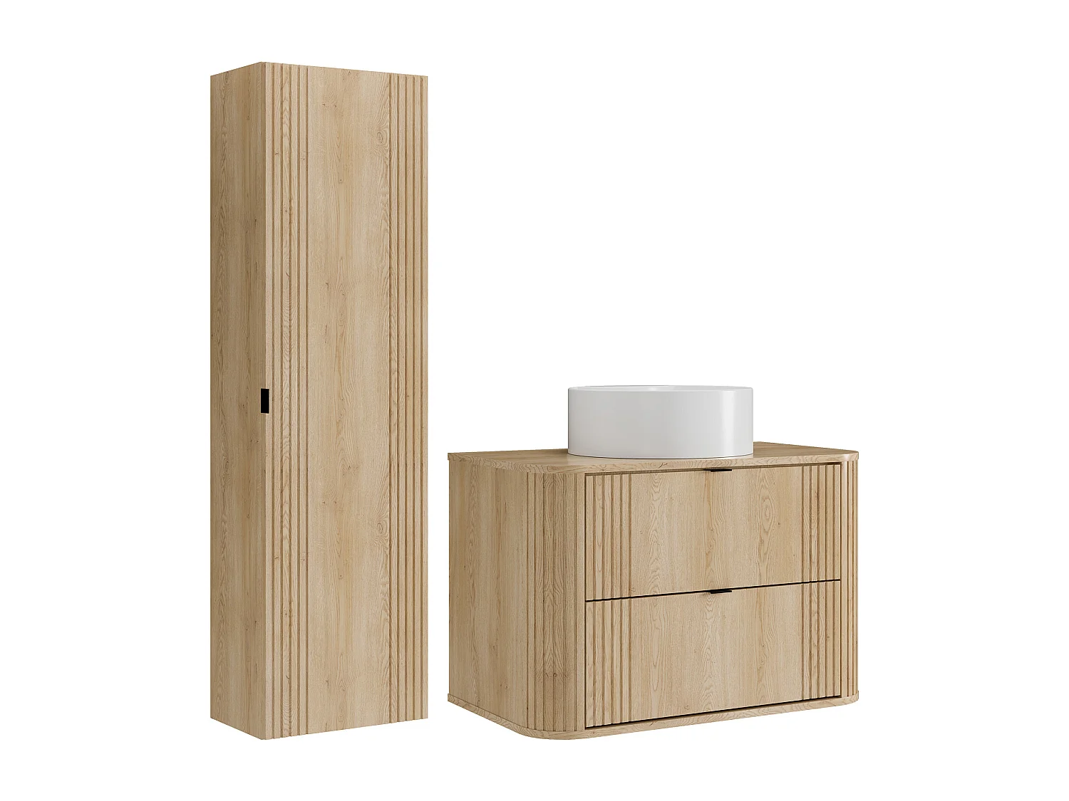 Meuble de salle de bain suspendu avec vasque à poser ronde et colonne - Naturel clair - 80 cm - FILOR