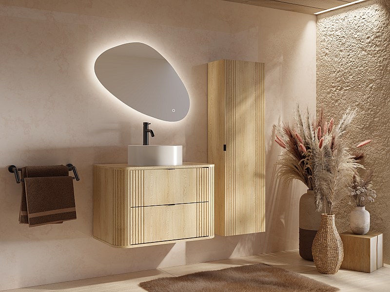 Meuble de salle de bain suspendu, vasque ronde et colonne, naturel ...