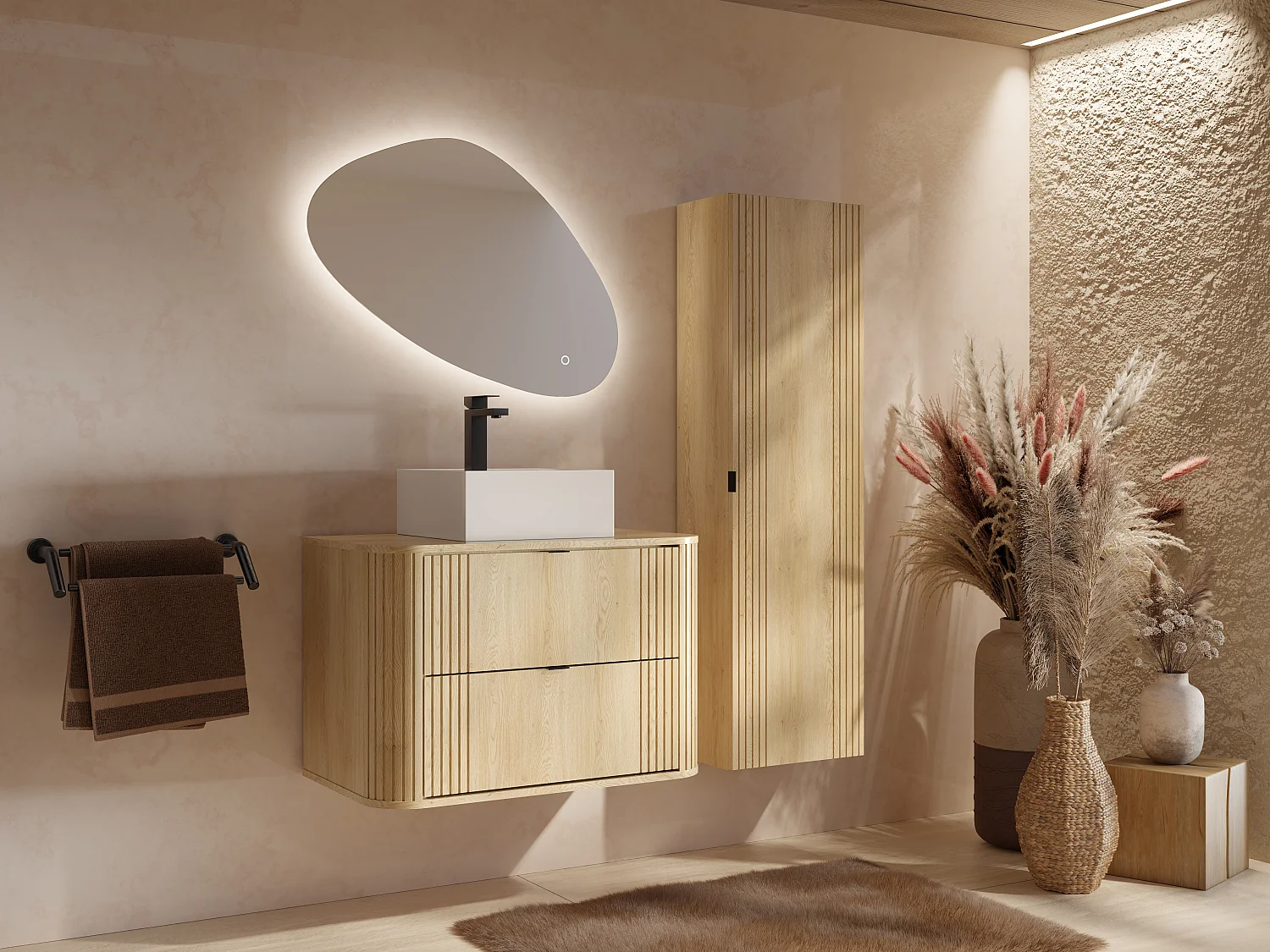 Meuble de salle de bain suspendu avec vasque à poser carrée et colonne - Naturel clair - 80 cm - FILOR