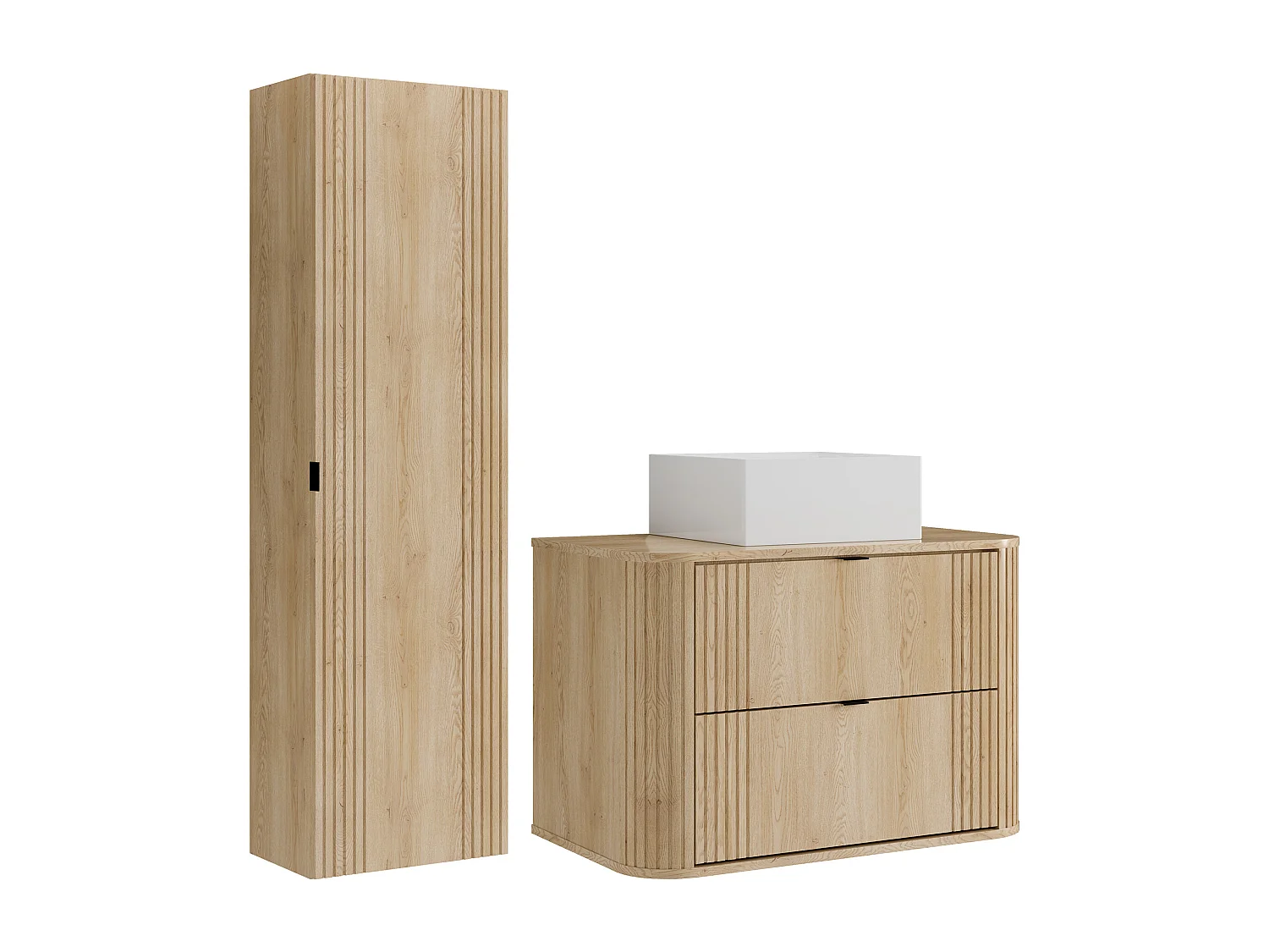 Meuble de salle de bain suspendu avec vasque à poser carrée et colonne - Naturel clair - 80 cm - FILOR