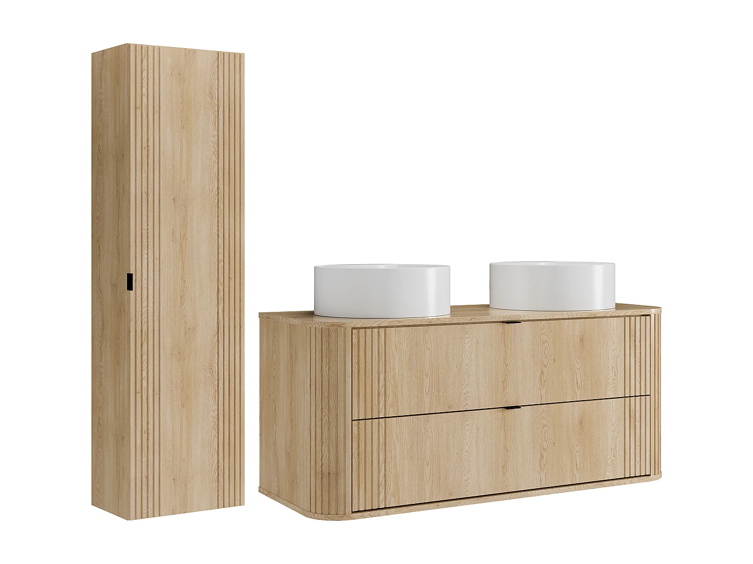 Meuble de salle de bain suspendu avec double vasque à poser ronde et colonne - Naturel clair - 120 cm - FILOR