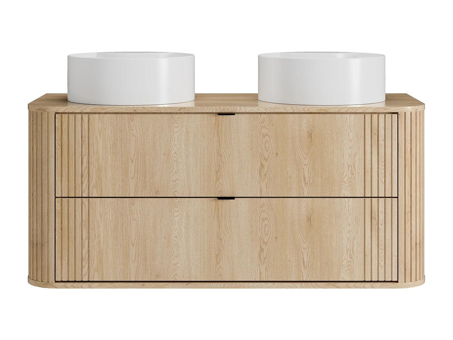 Meuble de salle de bain suspendu avec double vasque à poser ronde et colonne - Naturel clair - 120 cm - FILOR