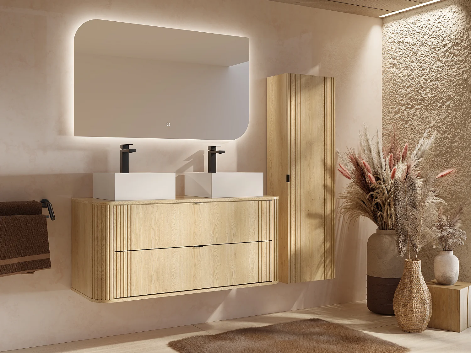 Meuble de salle de bain suspendu avec double vasque à poser carrée et colonne - Naturel clair - 120 cm - FILOR