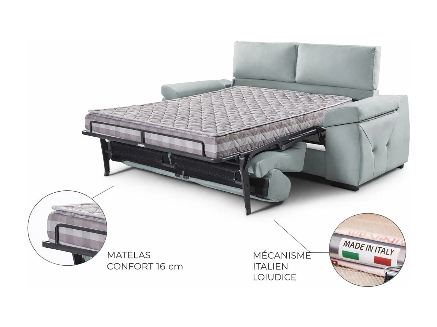 Canapé convertible têtières inclinables tissu gris charbon antitaches SIMON