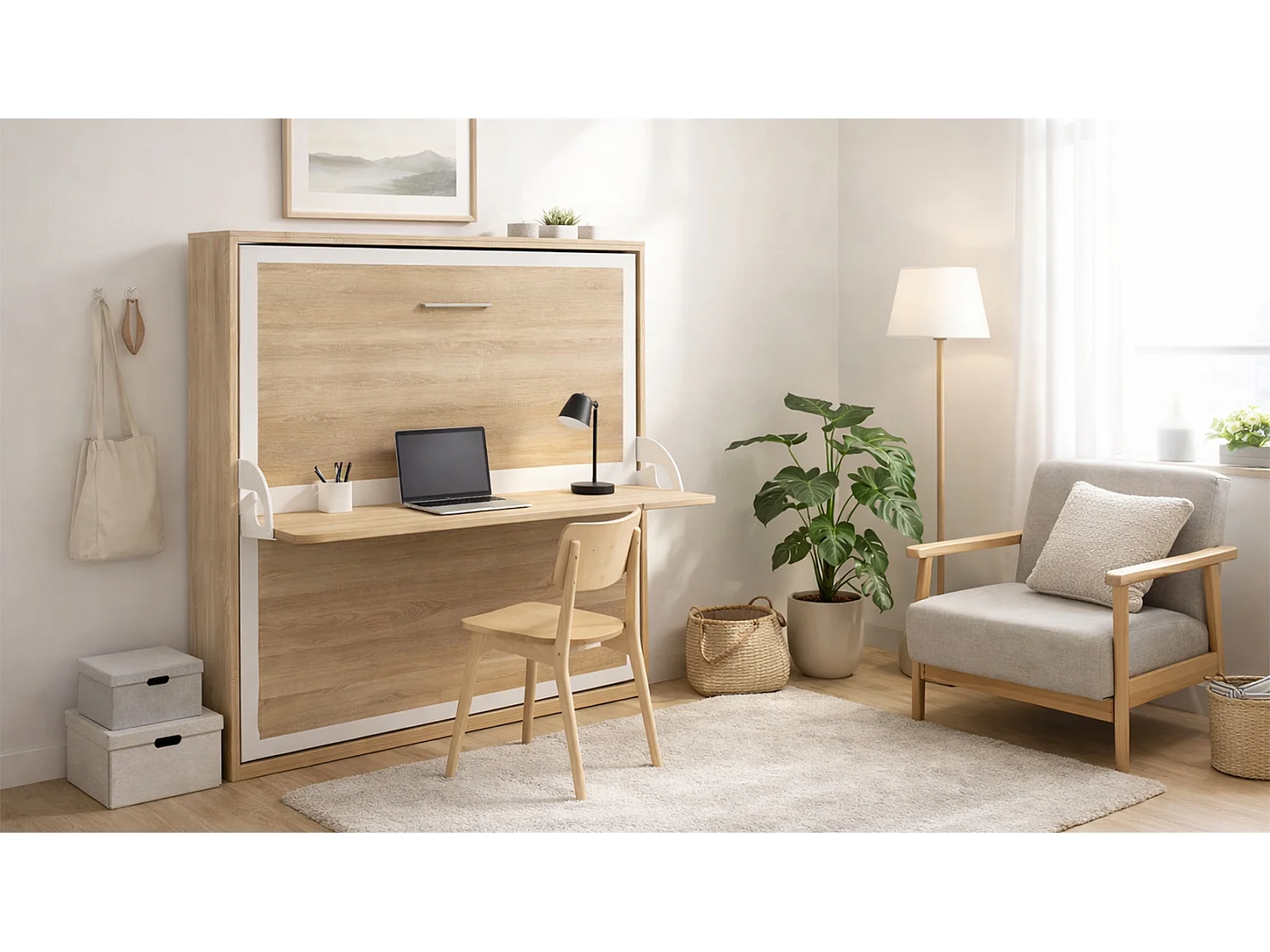 Lit escamotable horizontal avec bureau chêne clair cambrian 90x200 TOULON