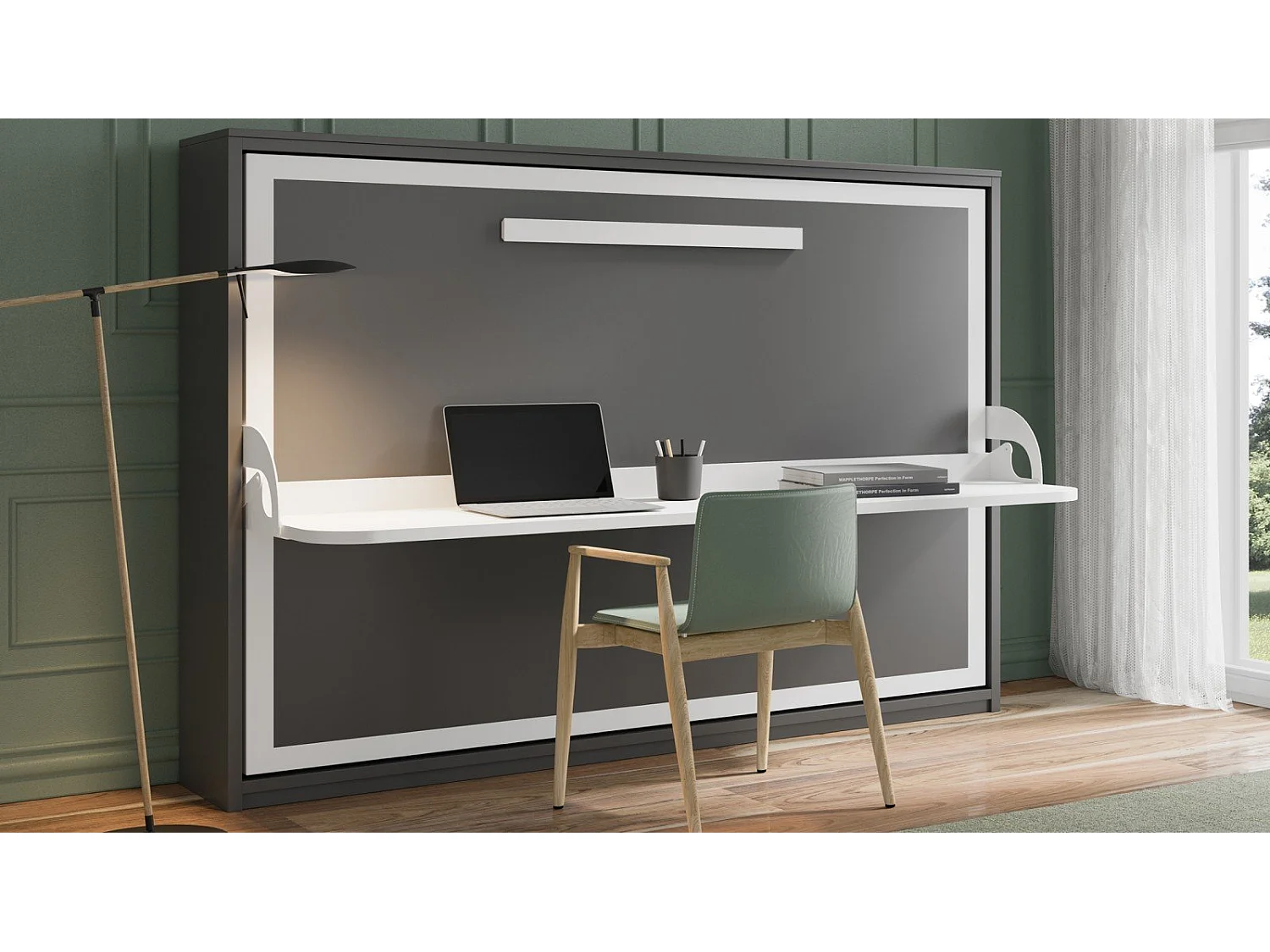 Lit escamotable horizontal avec bureau blanc mat 90x190 TOULON