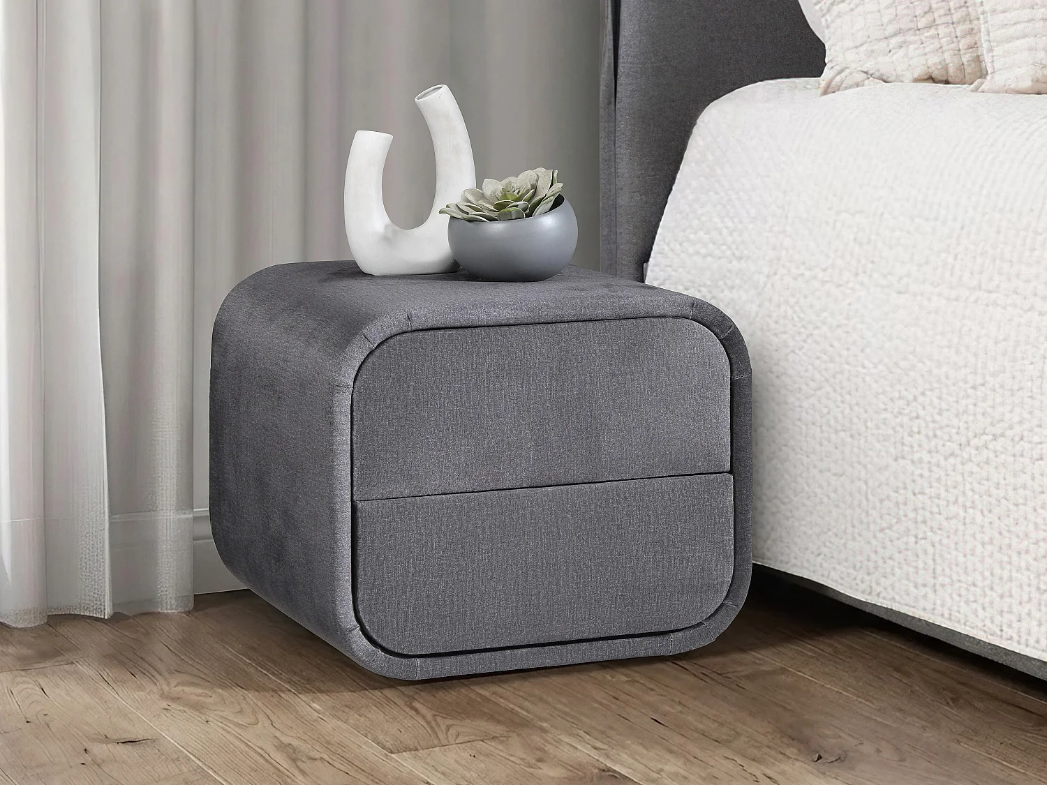 Lot de 2 tables de chevet – 2 tiroirs – Velours – Gris – VENALORA