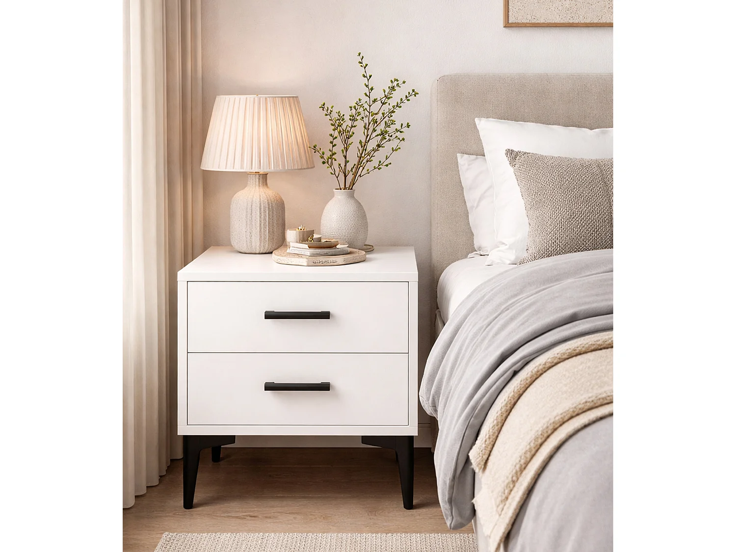 Mesita de noche de 49x40x45 cm con 2 cajones en color blanco, patas metálicas negras Savia