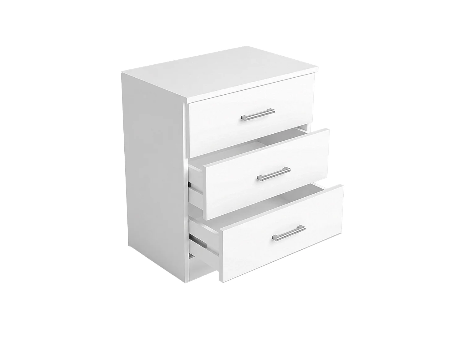 Mesita de noche de 57x45x40 cm con 3 cajones de MDF lacado en color blanco Elara