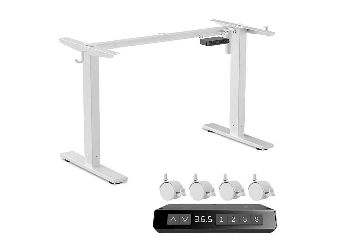 Homavo: supporto da scrivania regolabile con memoria, funzione di ritorno in caso di resistenza, porte USB/Type-C, altezza 69-117 cm.