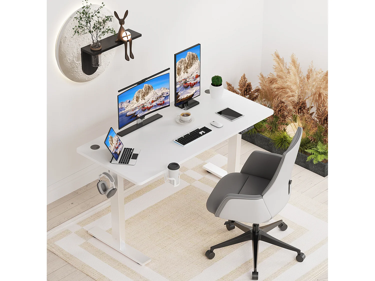 Homavo: soporte de escritorio regulable con memoria, función de retorno ante resistencia, puertos USB/Type-C, altura 69-117 cm.