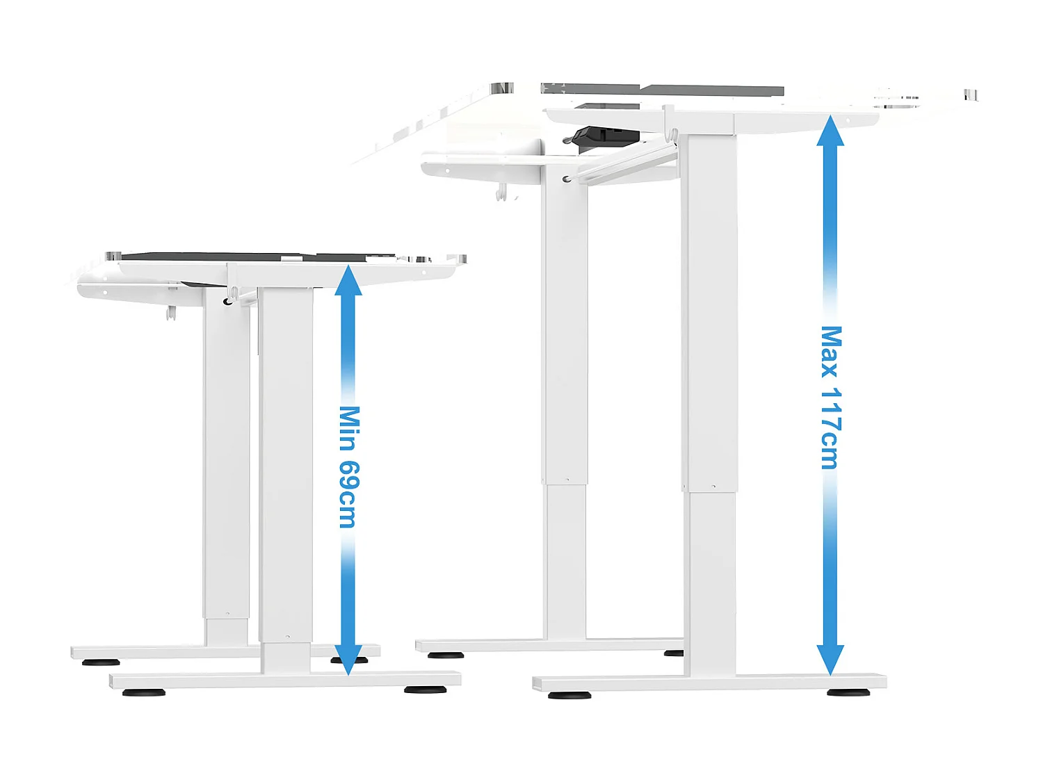 Homavo: soporte de escritorio regulable con memoria, función de retorno ante resistencia, puertos USB/Type-C, altura 69-117 cm.