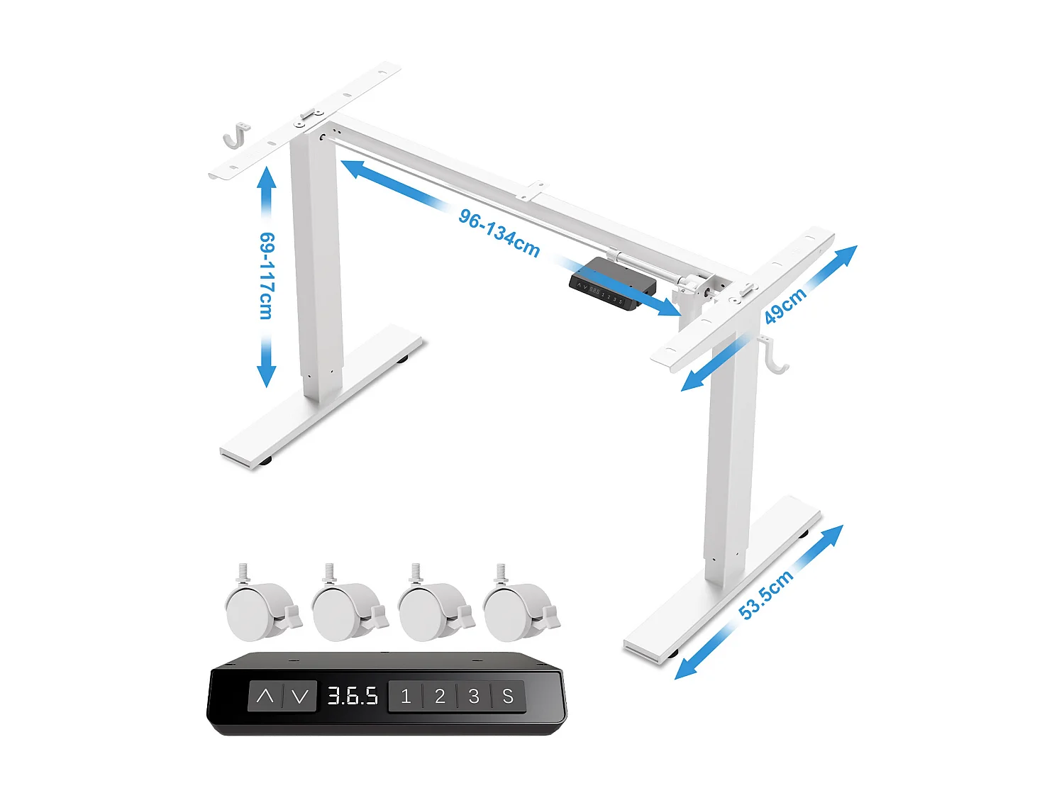 Homavo: soporte de escritorio regulable con memoria, función de retorno ante resistencia, puertos USB/Type-C, altura 69-117 cm.