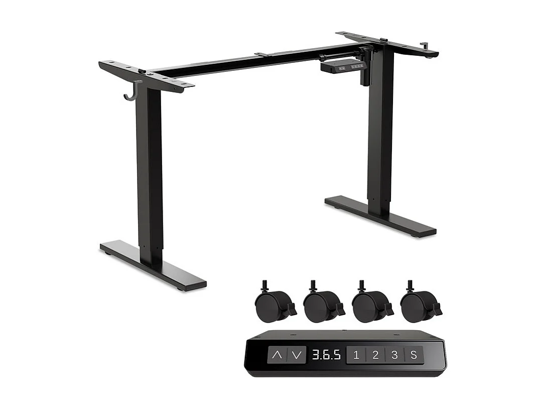 Homavo: soporte de escritorio regulable con memoria, función de retorno ante resistencia, puertos USB/Type-C, altura 69-117 cm.