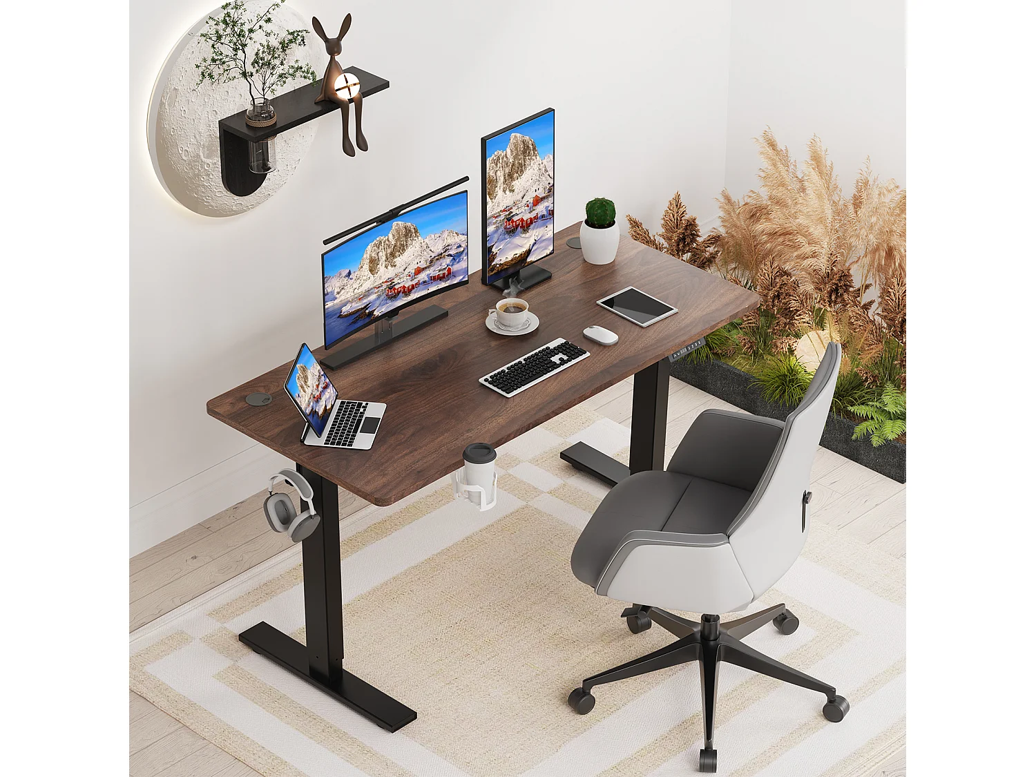 Homavo: soporte de escritorio regulable con memoria, función de retorno ante resistencia, puertos USB/Type-C, altura 69-117 cm.