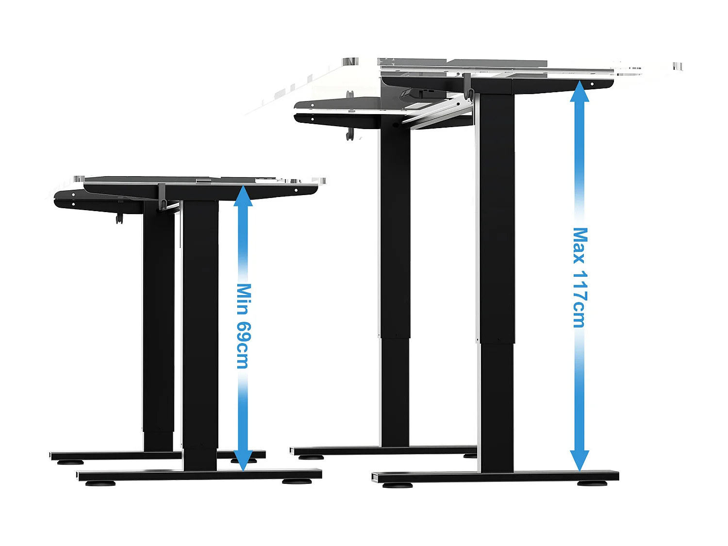 Homavo: soporte de escritorio regulable con memoria, función de retorno ante resistencia, puertos USB/Type-C, altura 69-117 cm.