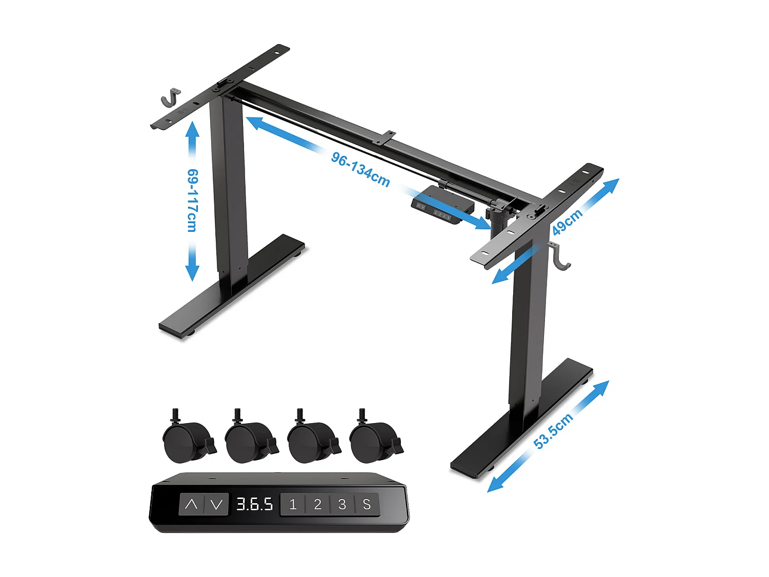 Homavo: soporte de escritorio regulable con memoria, función de retorno ante resistencia, puertos USB/Type-C, altura 69-117 cm.