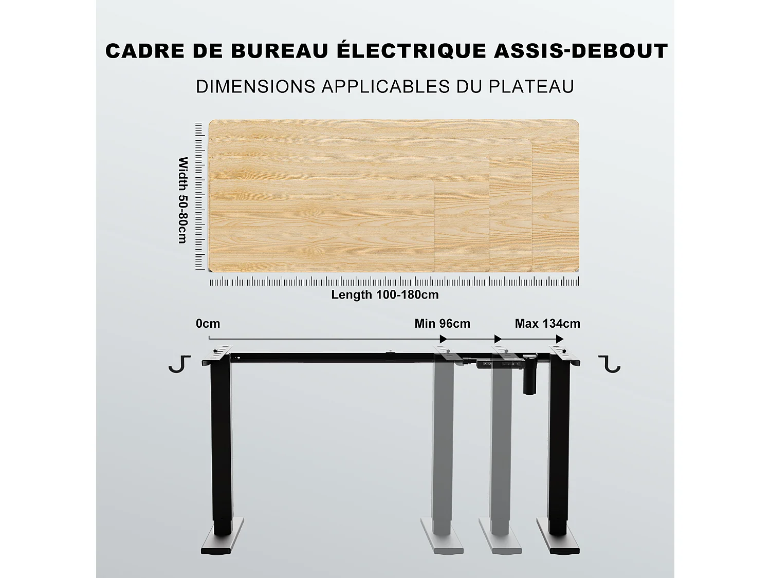 Homavo: soporte de escritorio regulable con memoria, función de retorno ante resistencia, puertos USB/Type-C, altura 69-117 cm.