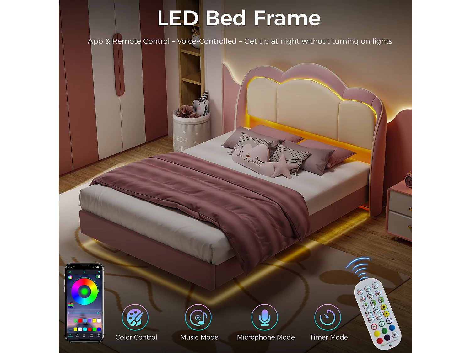 Letto per bambini 90x200 cm rosa, facile da montare, con LED multicolori e originale testiera a forma di nuvola