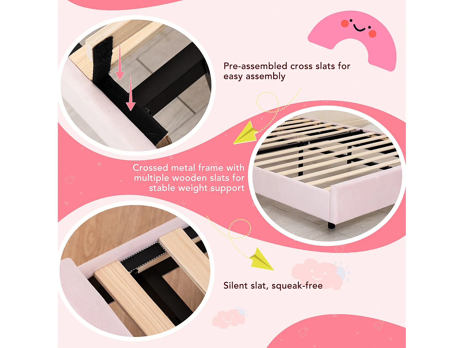 Letto per bambini 90x200 cm rosa, facile da montare, con LED multicolori e originale testiera a forma di nuvola