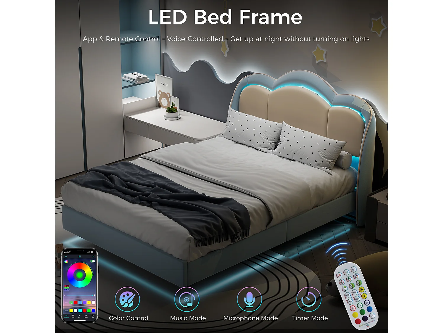 Letto per bambini 90x200 cm rosa, facile da montare, con LED multicolori e originale testiera a forma di nuvola