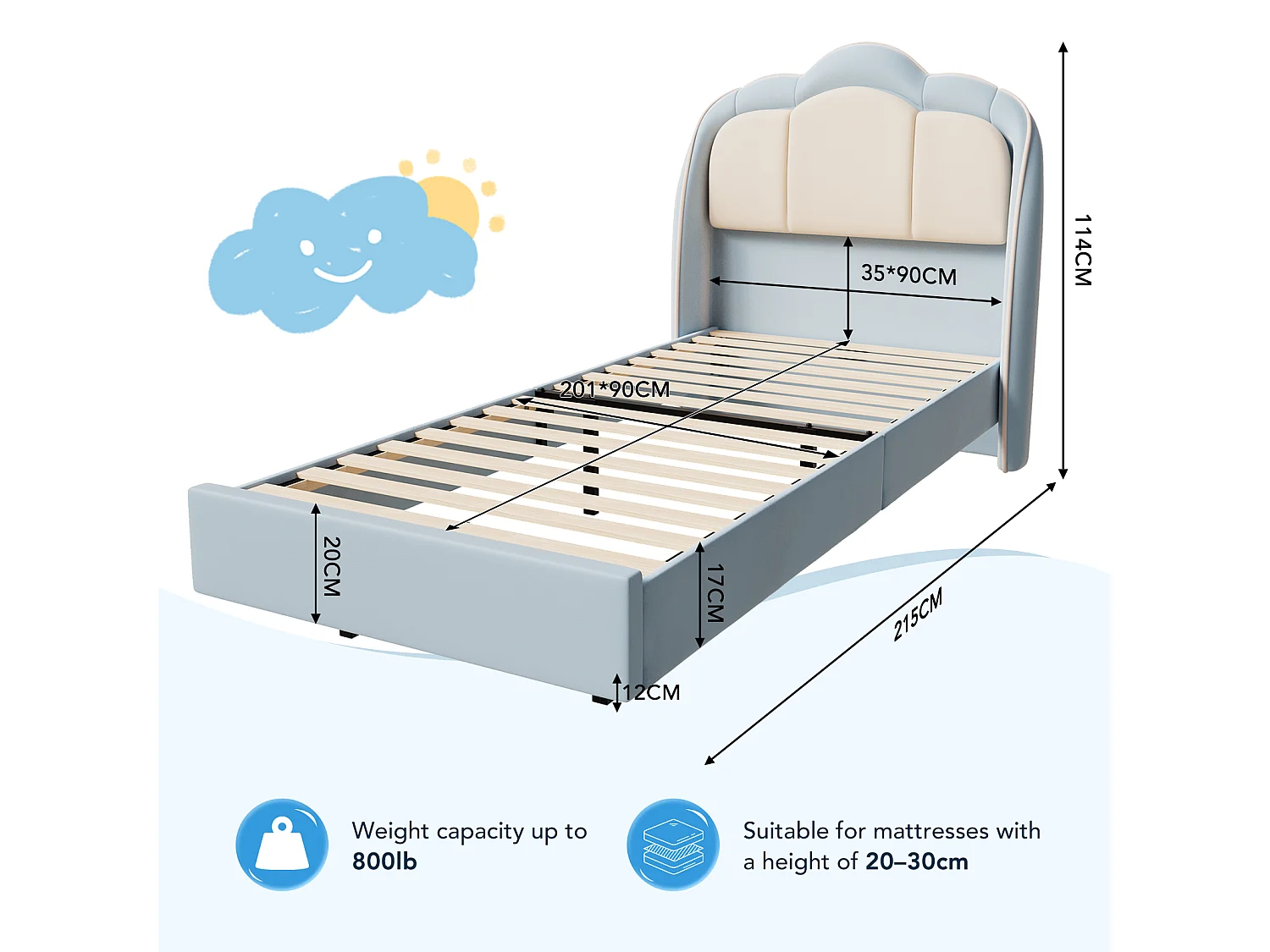 Letto per bambini 90x200 cm rosa, facile da montare, con LED multicolori e originale testiera a forma di nuvola