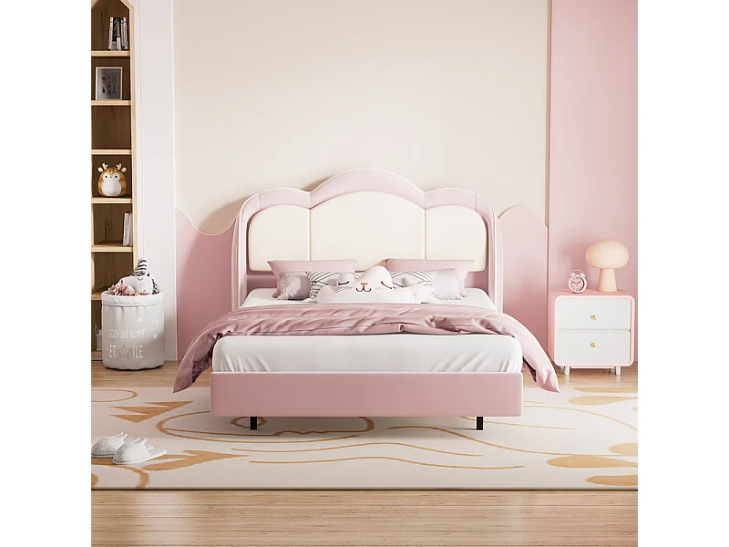 Kinderbett 90 x 200 cm, rosa, einfacher Aufbau, mit mehrfarbigen LEDs, originelles Wolken-Kopfteil