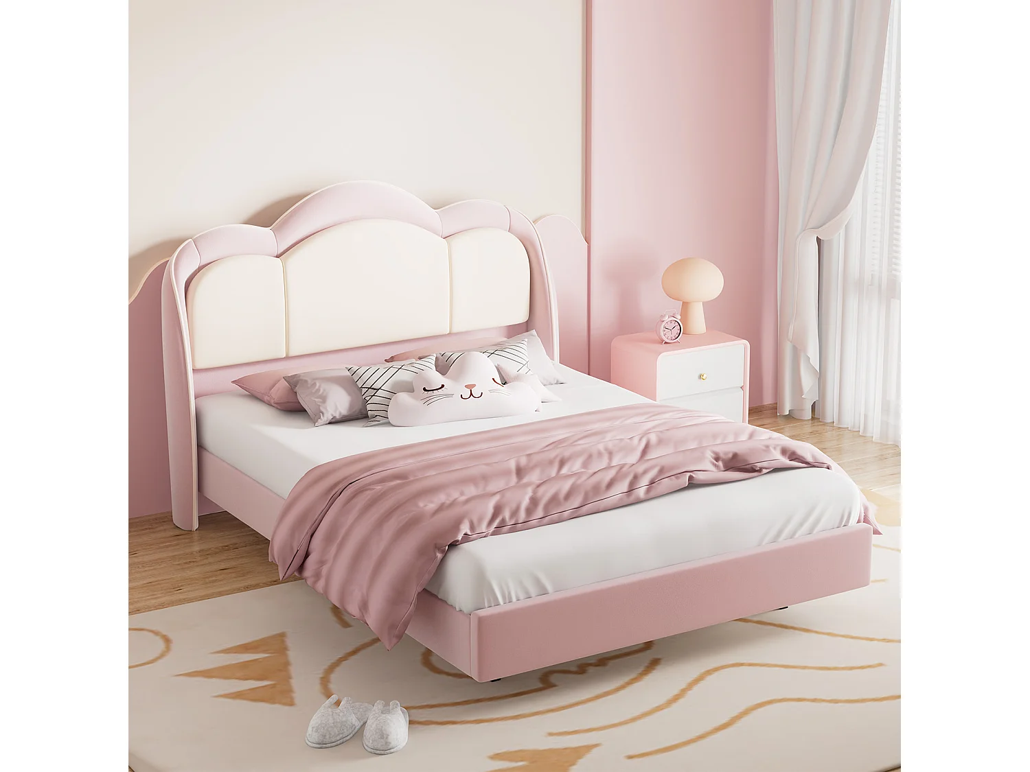 Kinderbett 90 x 200 cm, rosa, einfacher Aufbau, mit mehrfarbigen LEDs, originelles Wolken-Kopfteil